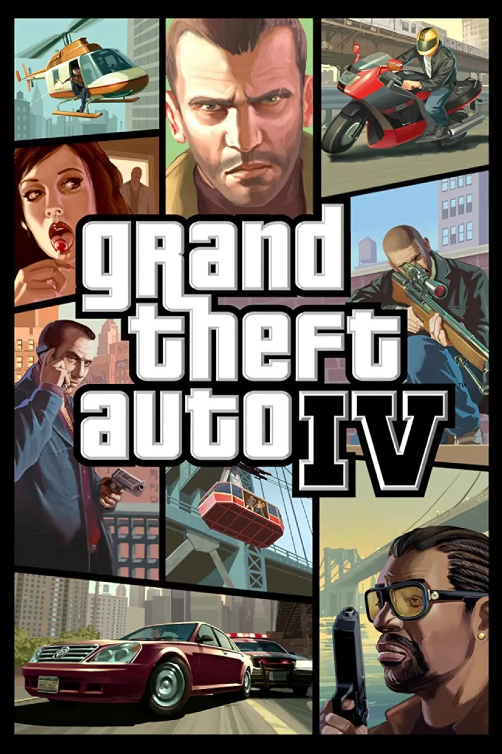 Niko Bellic đứng cạnh chiếc taxi màu vàng truyền thống trong bối cảnh thành phố Liberty City u ám của GTA 4