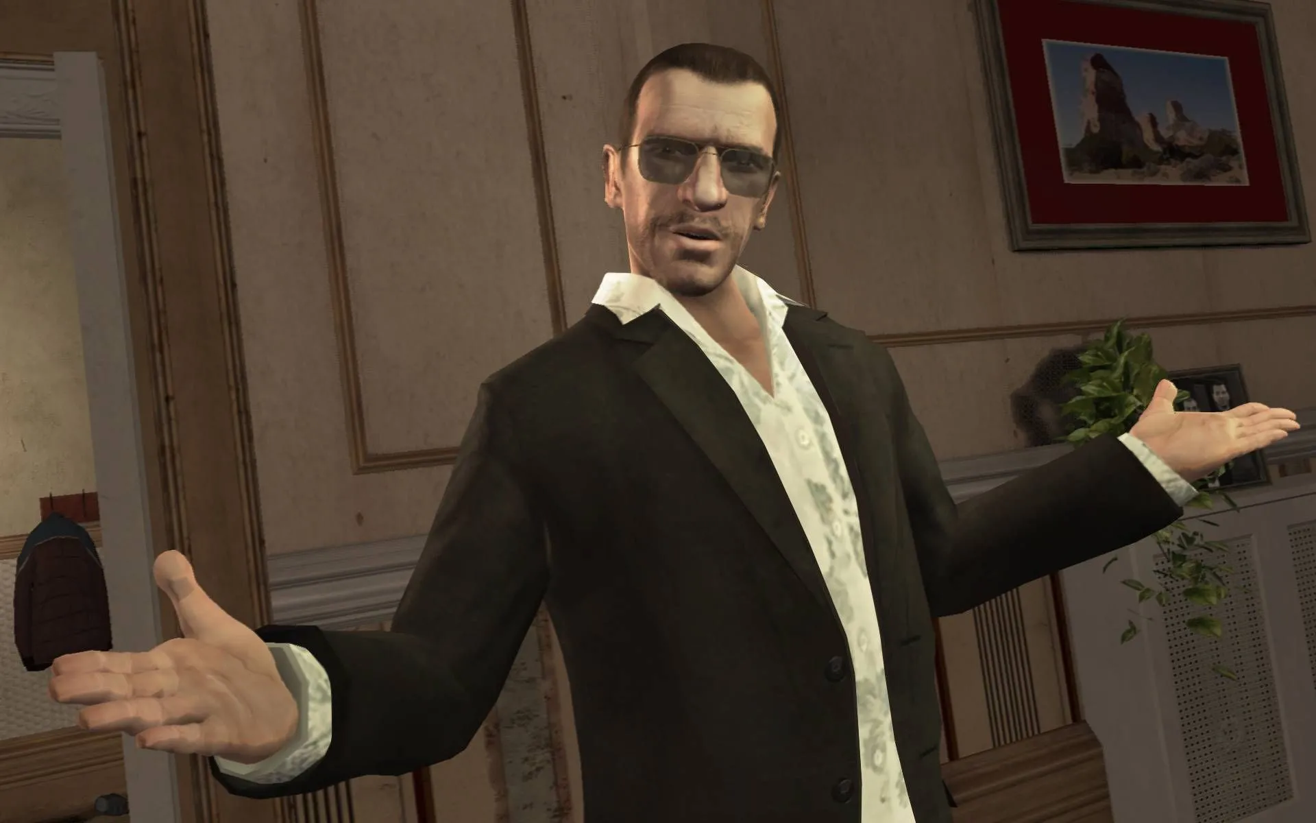 Niko Bellic, nhân vật chính của Grand Theft Auto IV, đứng giữa bối cảnh Liberty City.