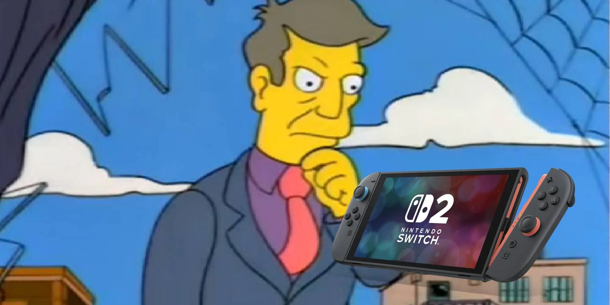 Principal Skinner từ The Simpsons đang ngạc nhiên nhìn chiếc Nintendo Switch 2, thể hiện sự bất ngờ trước thành công vượt trội của console này và tầm ảnh hưởng của nó.