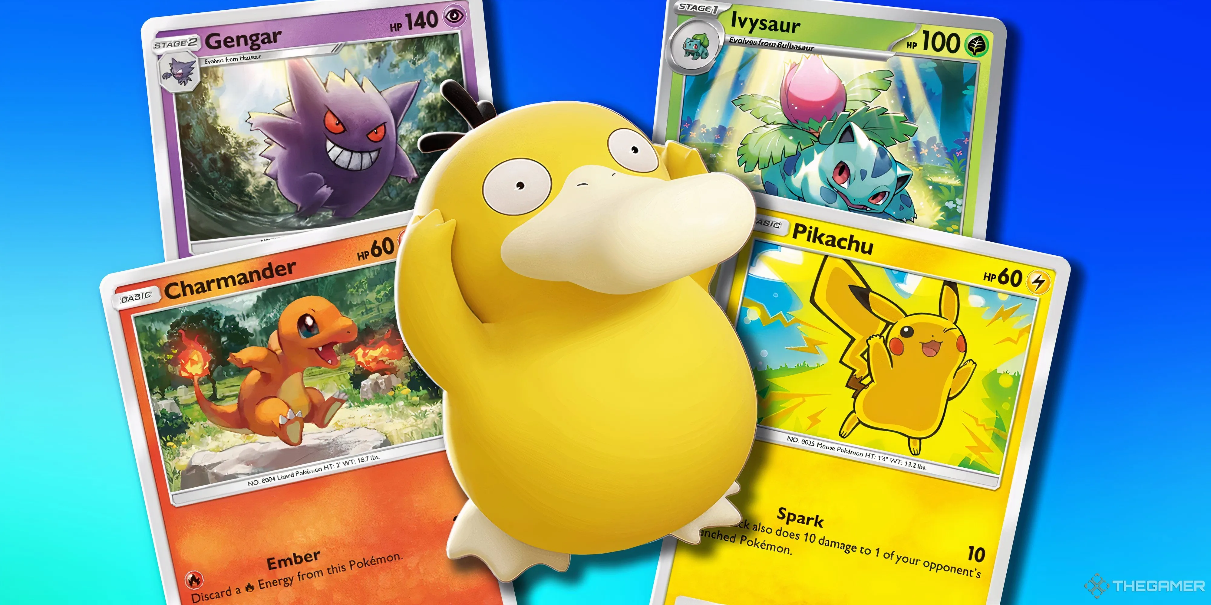 Psyduck ôm đầu bối rối giữa những lá bài Pokemon, phản ánh sự phân vân của game thủ khi lựa chọn gói DLC Pokemon Friends