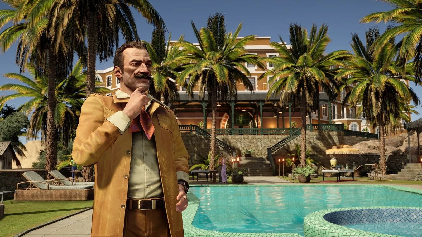 Thám tử Hercule Poirot trong game Death on the Nile đang điều tra cạnh hồ bơi