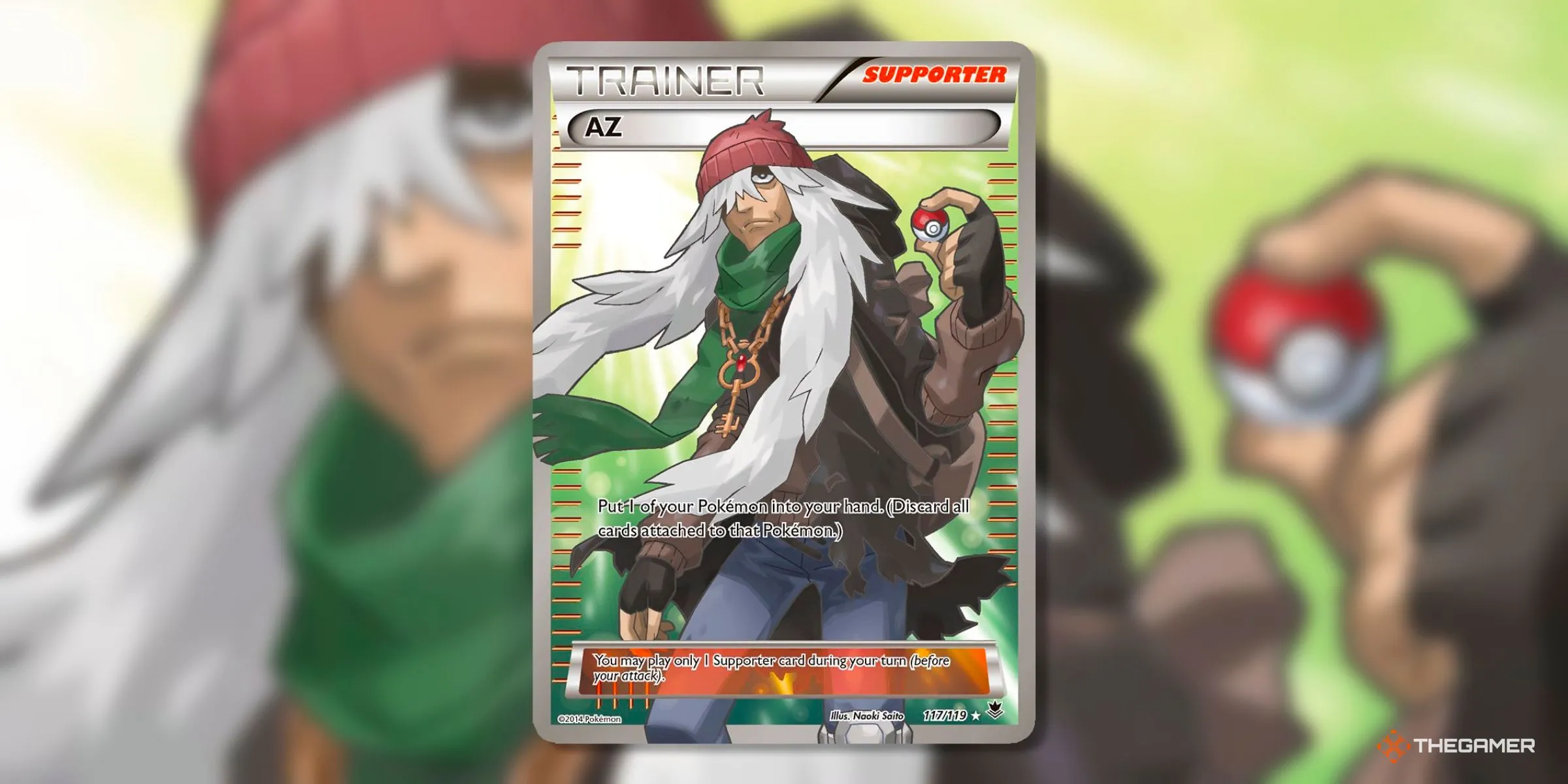 Thẻ bài AZ Ultra Rare (117) từ bộ Phantom Forces, khắc họa nhân vật huyền thoại của vùng Kalos.