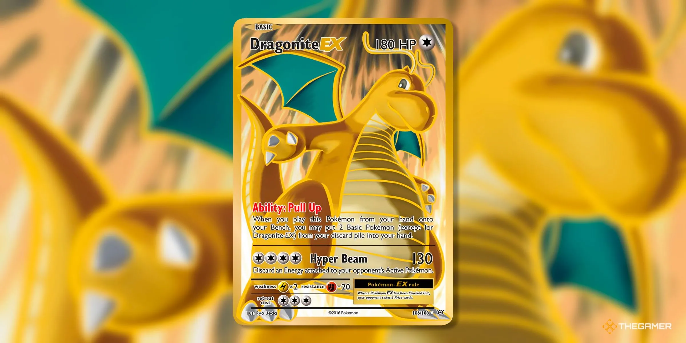 Thẻ bài Dragonite EX Full Art (106) từ bộ Evolutions, với hình ảnh Dragonite uy nghi đầy sức hút.