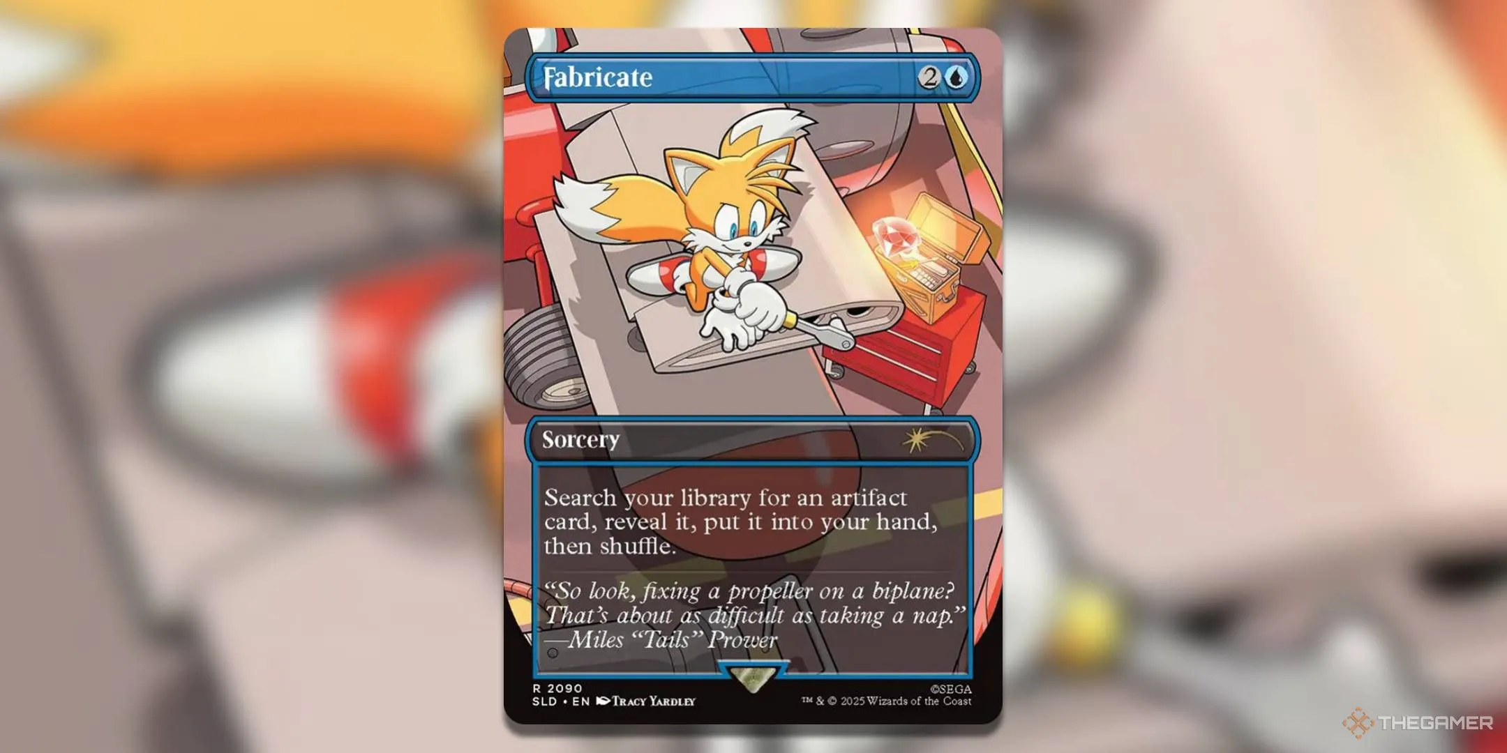 Thẻ bài Fabricate trong Secret Lair X Sonic với Tails đang sửa máy bay