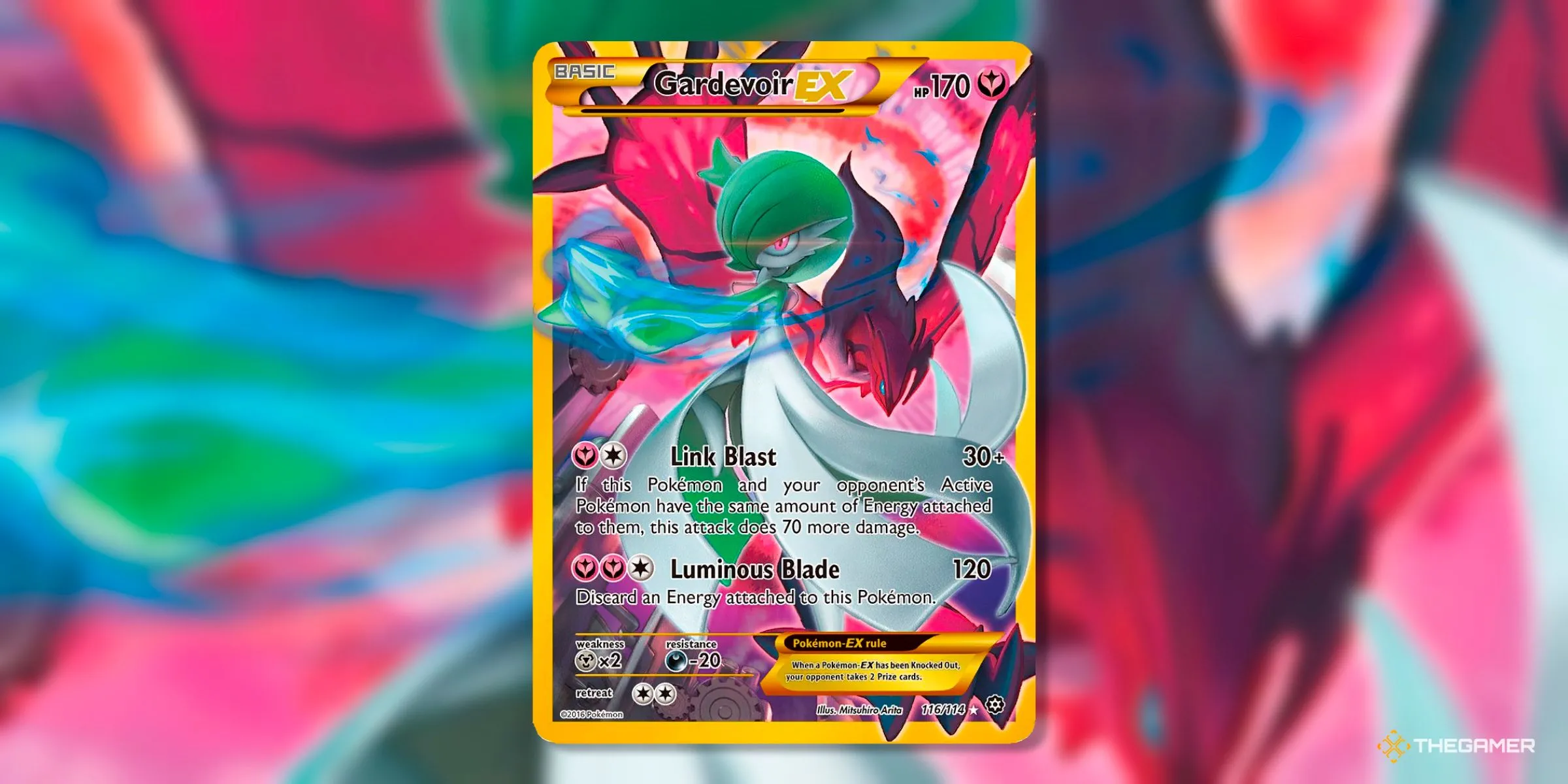 Thẻ bài Gardevoir EX Secret Rare (116) từ bộ Steam Siege, nổi bật với phong cách vẽ độc đáo và bí ẩn.