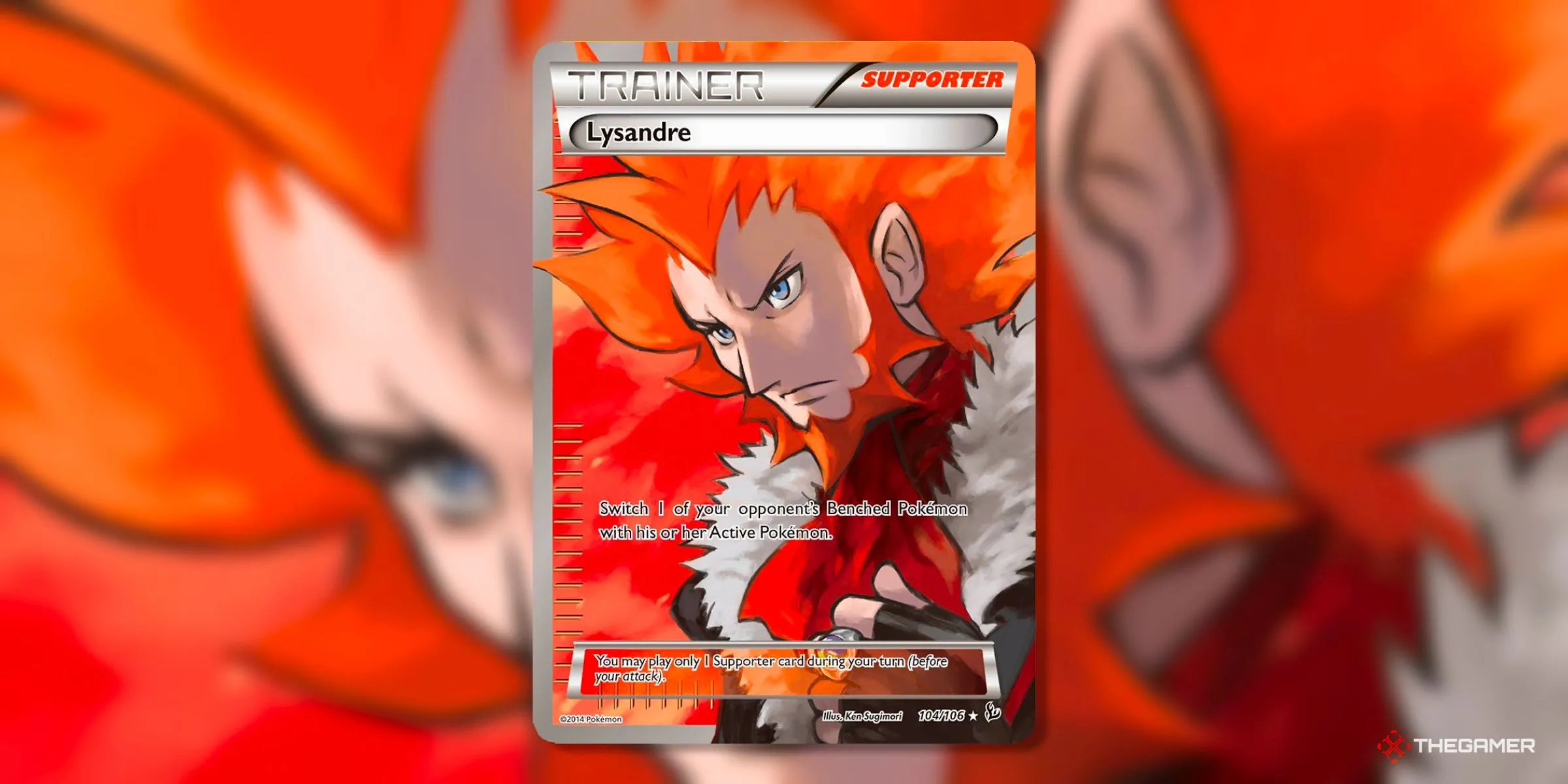 Thẻ bài Lysandre Ultra Rare (104) từ bộ Flashfire, minh họa trùm phản diện Lysandre đầy quyền năng.