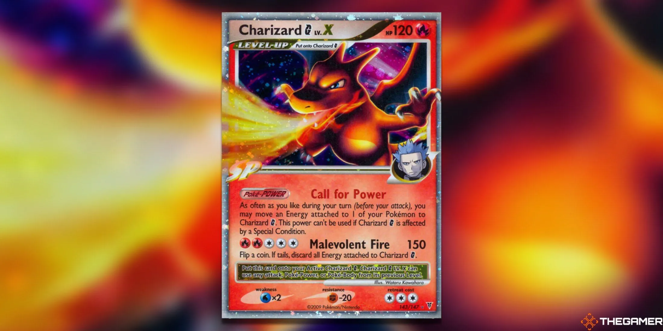 Thẻ bài Pokemon TCG Charizard G LV. X Ultra Rare từ set Supreme Victors, với hiệu ứng lửa đặc trưng và Cyrus.