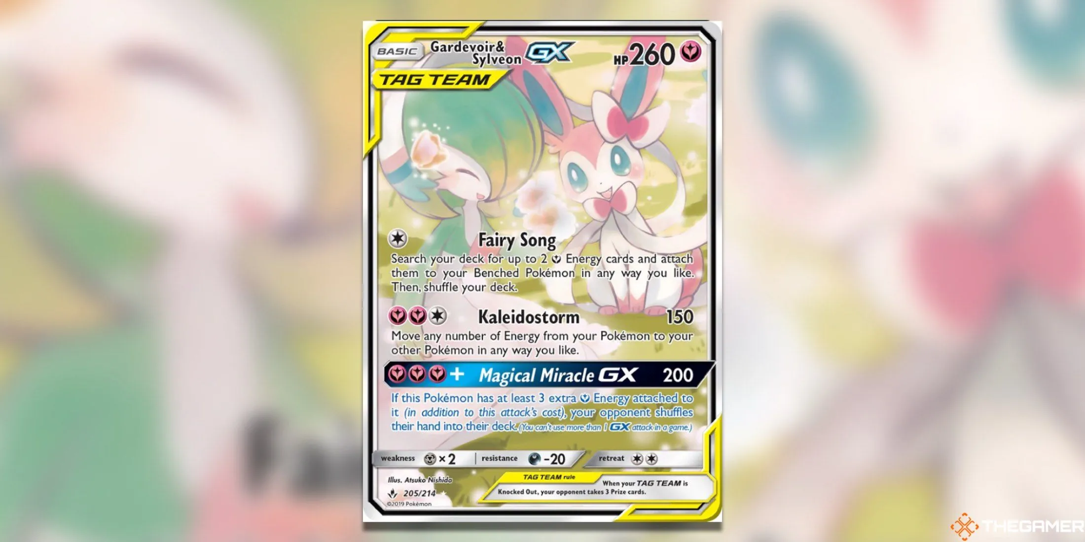 Thẻ bài Pokemon TCG Gardevoir &amp; Sylveon GX Alternate Full Art từ set Unbroken Bonds với hình ảnh thân thiết của hai Pokemon.