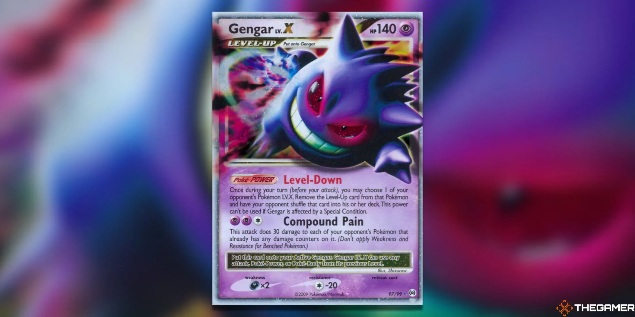 Thẻ bài Pokemon TCG Gengar LV. X Ultra Rare từ set Arceus, với hiệu ứng đổ bóng ma quái.