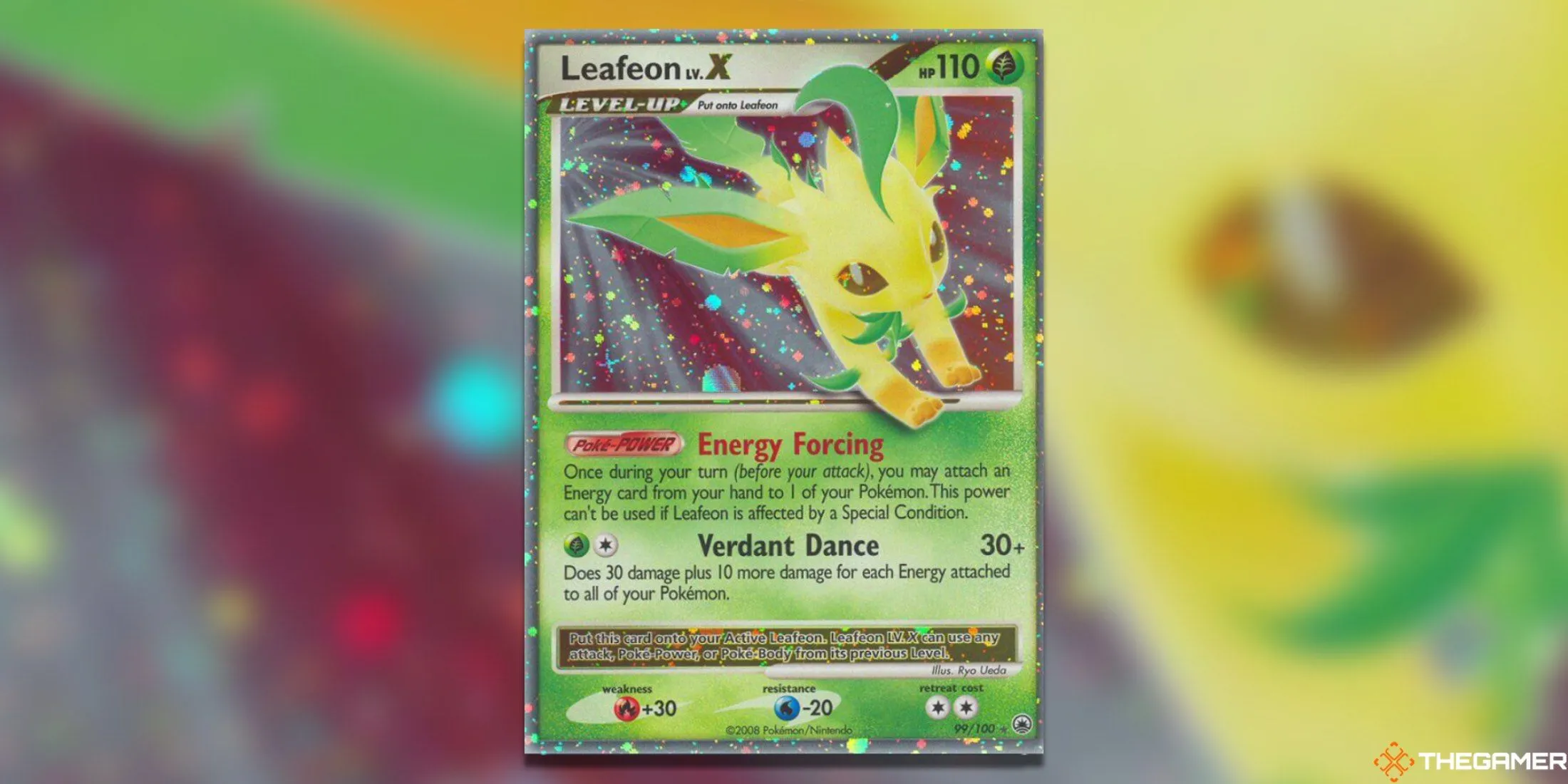 Thẻ bài Pokemon TCG Leafeon LV. X Ultra Rare từ set Majestic Dawn, với màu xanh lá cây rực rỡ.