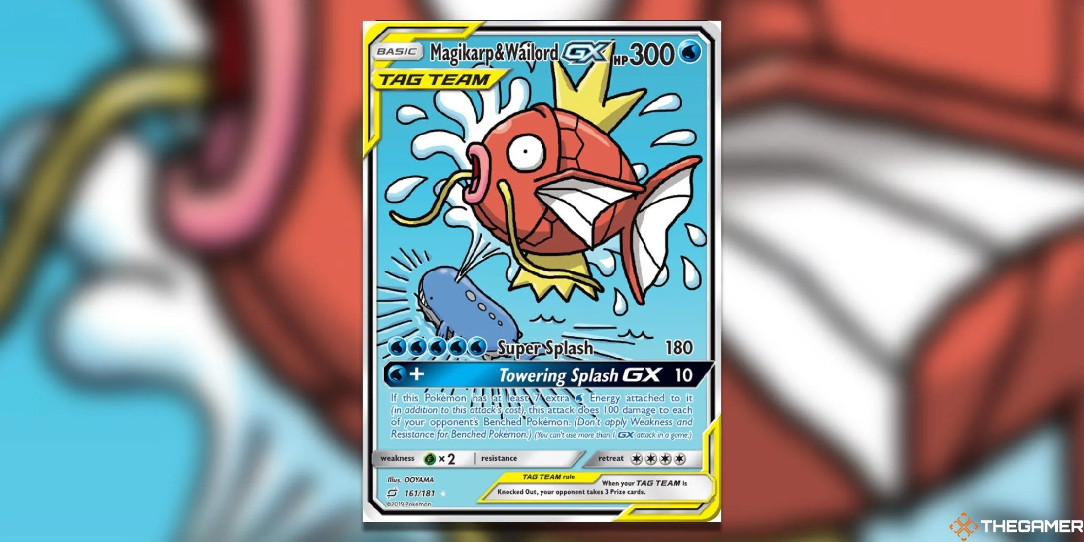 Thẻ bài Pokemon TCG Magikarp &amp; Wailord GX Alternate Full Art từ set Team Up với cảnh hài hước của Magikarp và Wailord.