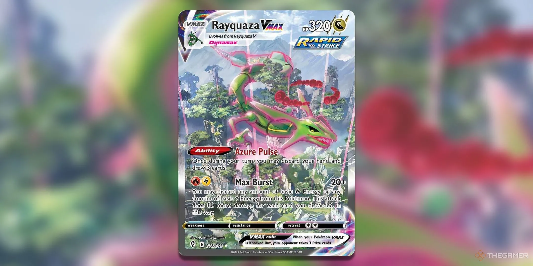 Thẻ bài Pokemon TCG Rayquaza VMAX Alternate Art Secret từ set Evolving Skies với thiết kế đầy ấn tượng.