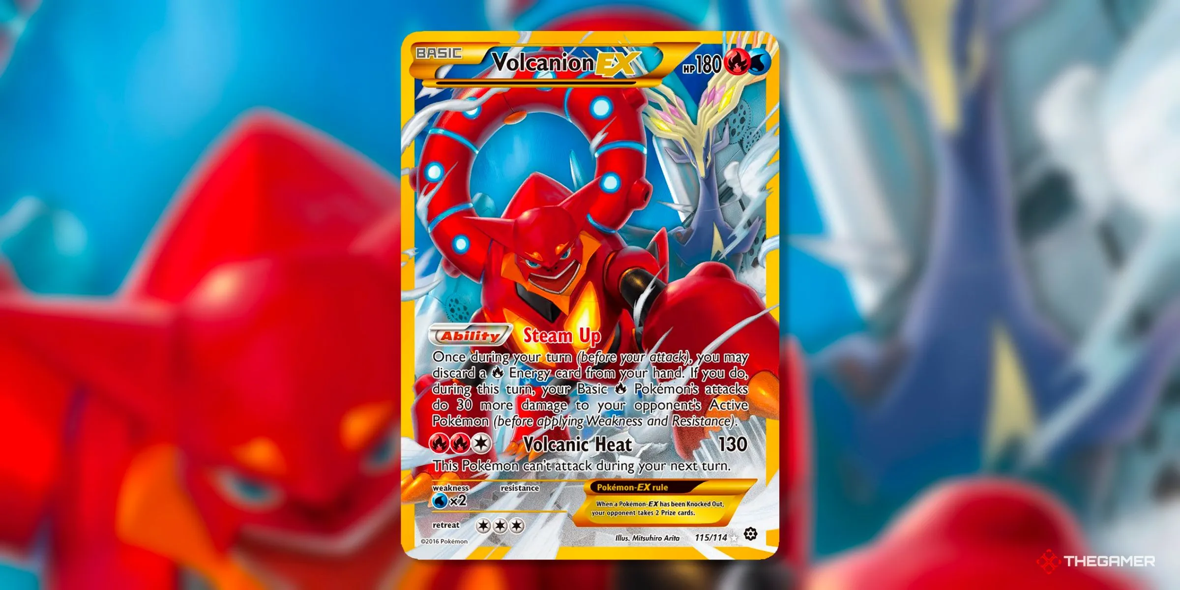 Thẻ bài Volcanion EX Secret Rare (115) từ bộ Steam Siege, hình ảnh hiếm hoi của Pokemon huyền thoại Volcanion.