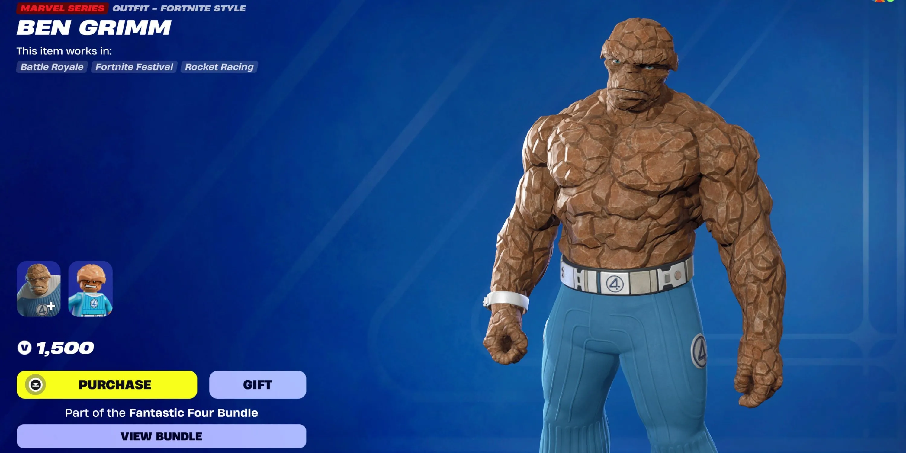 The Thing Ben Grimm với dáng vẻ cơ bắp đặc trưng trong game Fortnite.