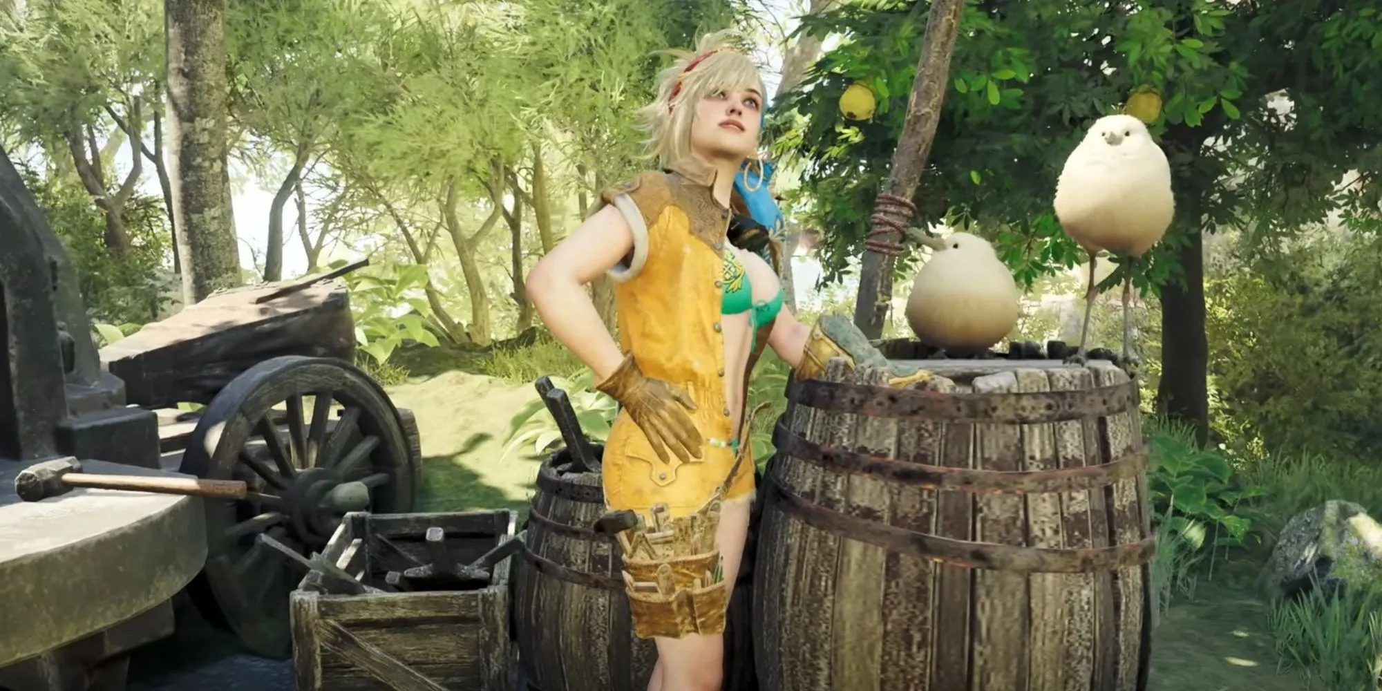 Thợ rèn Gemma trong trang phục mùa hè mới bên cạnh lò rèn và hai chú chim thân thiện trong Monster Hunter Wilds