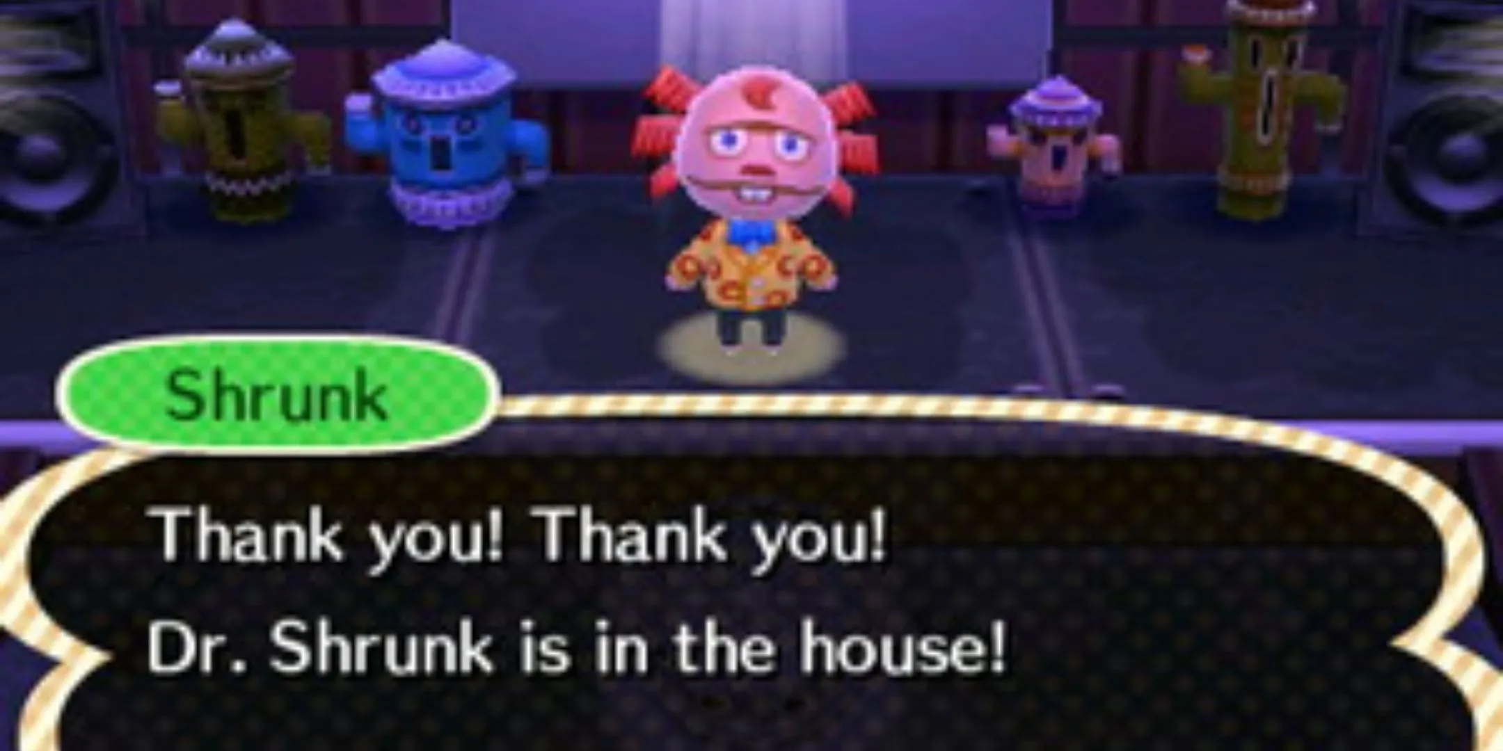 Tiến sĩ Shrunk biểu diễn tại Club LOL trong Animal Crossing New Leaf, một trong những hoạt động sôi nổi của thị trấn.