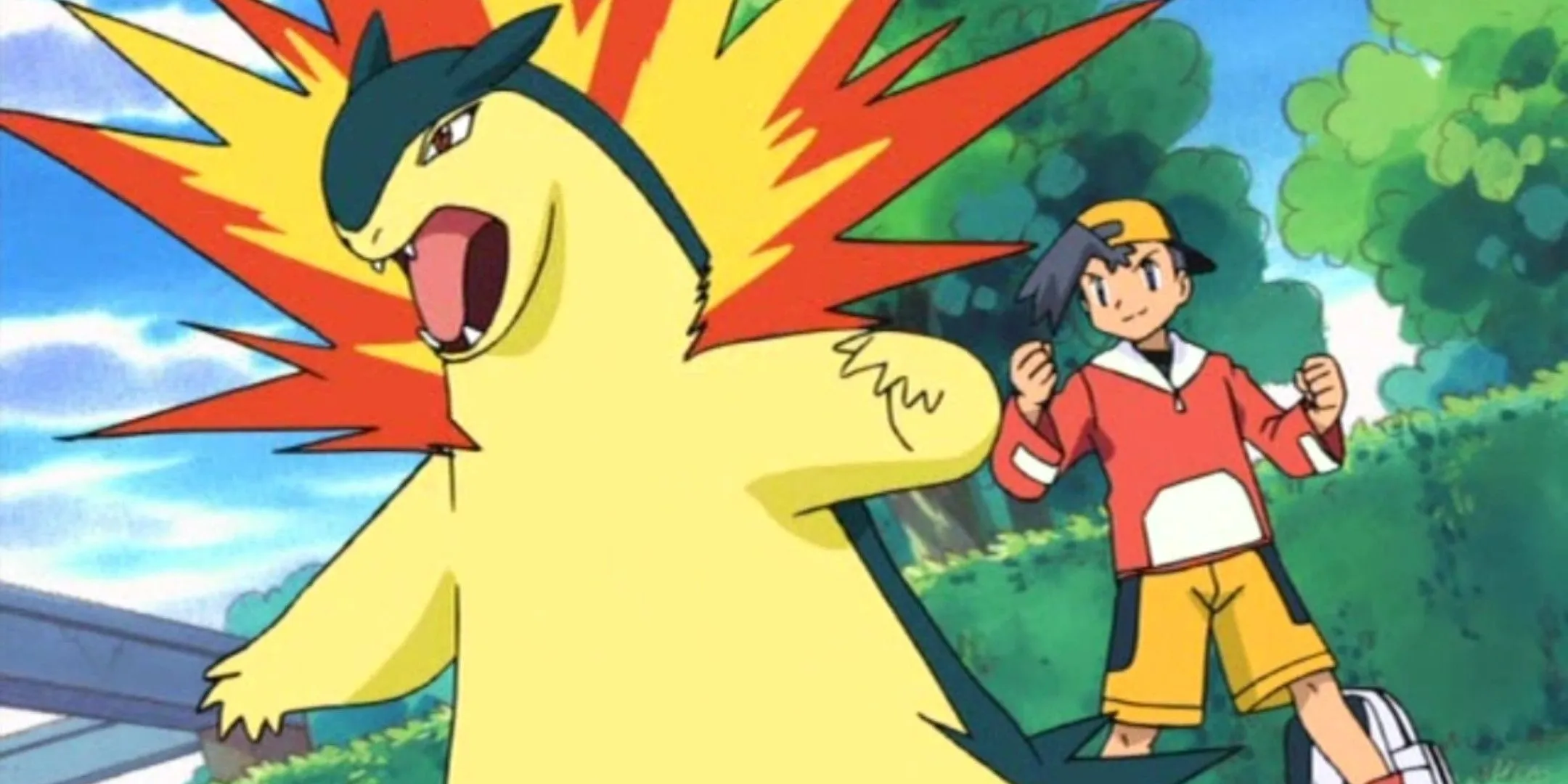 Typhlosion và huấn luyện viên trong một trận chiến Pokémon nảy lửa, minh họa mục đích chính của việc chọn Pokémon.