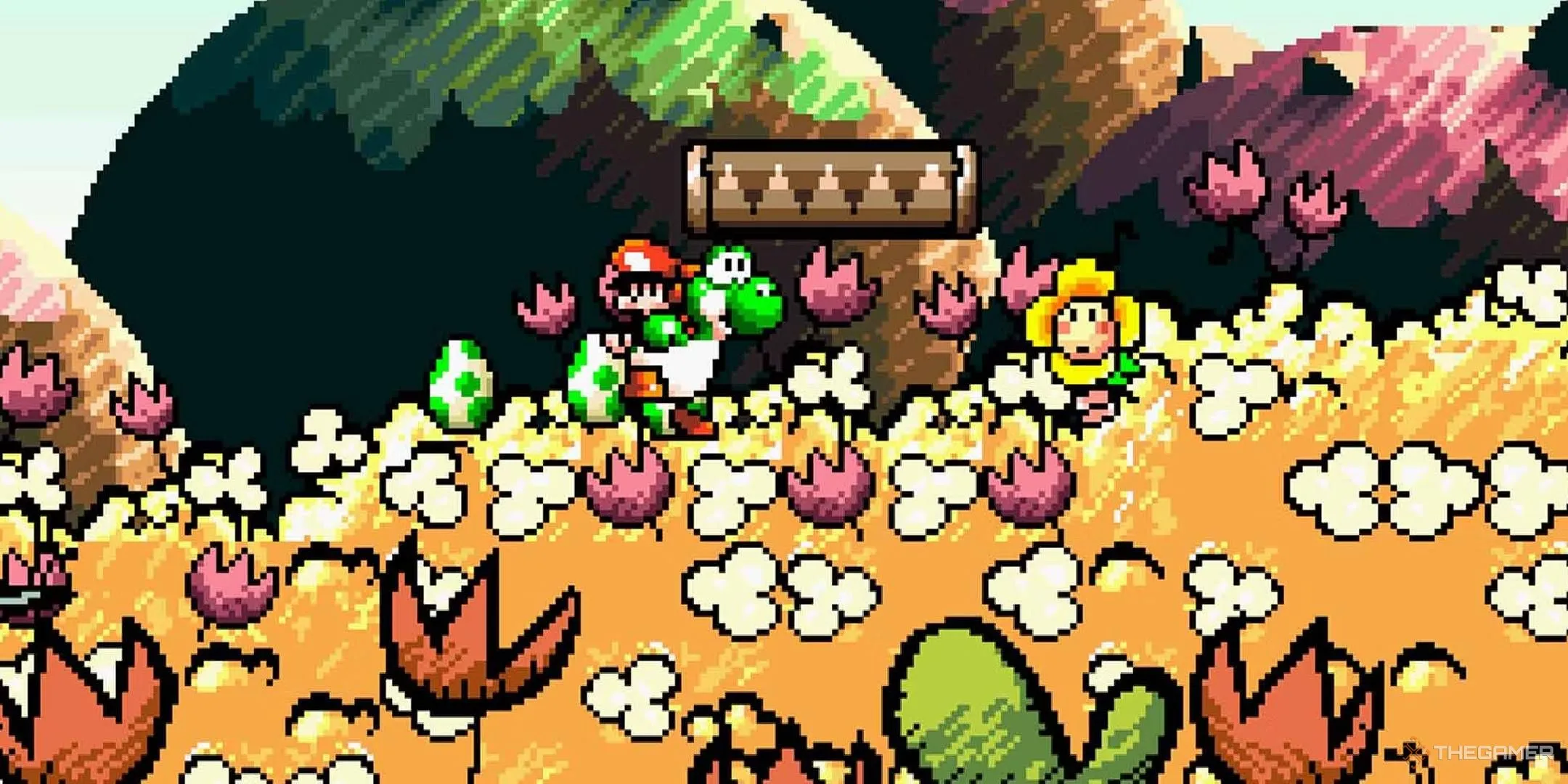 Yoshi cõng Baby Mario băng qua một cánh đồng vàng trong game Yoshi's Island.