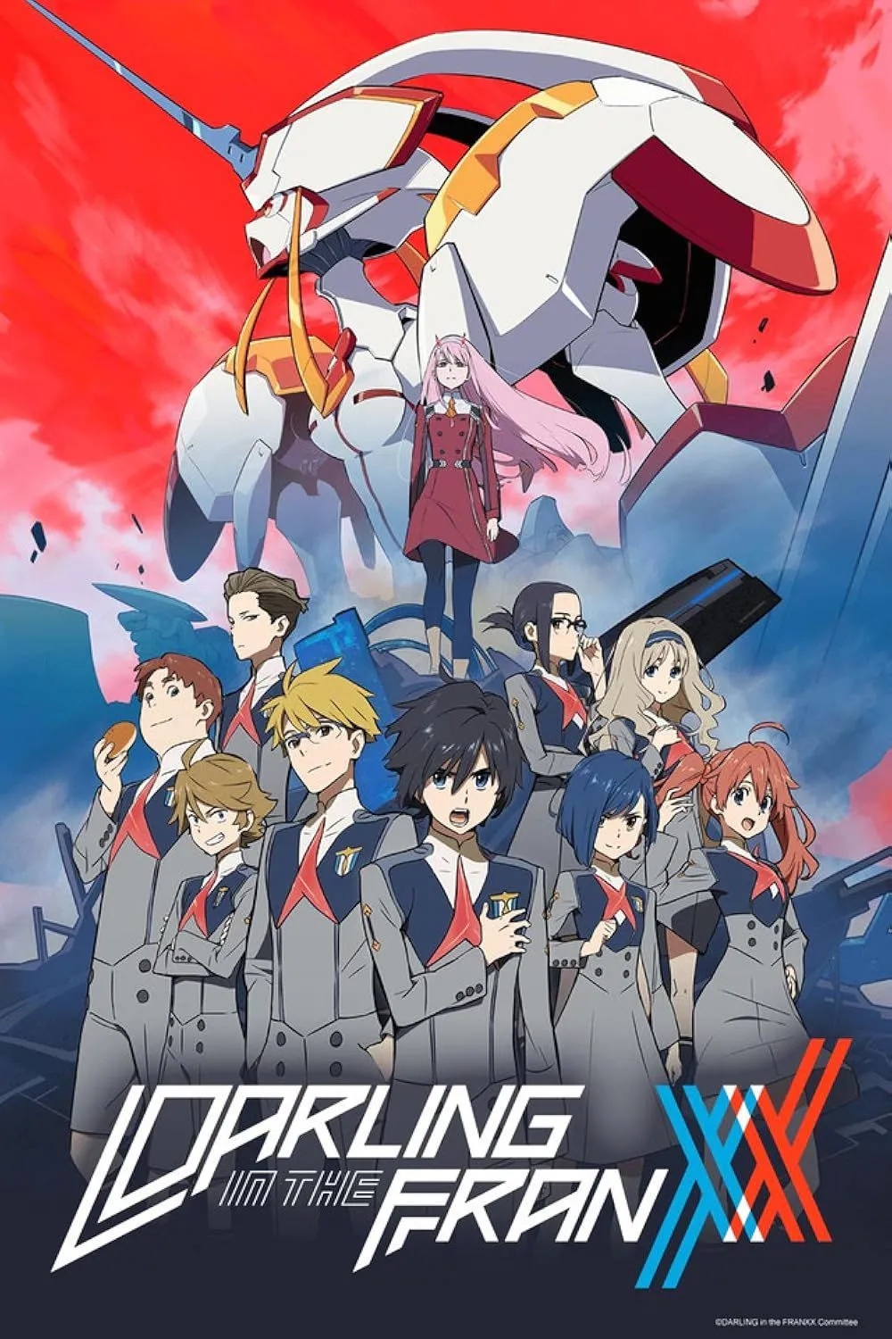 Zero Two và Hiro đứng cùng chiến cơ FranXX mạnh mẽ trong Darling in the Franxx