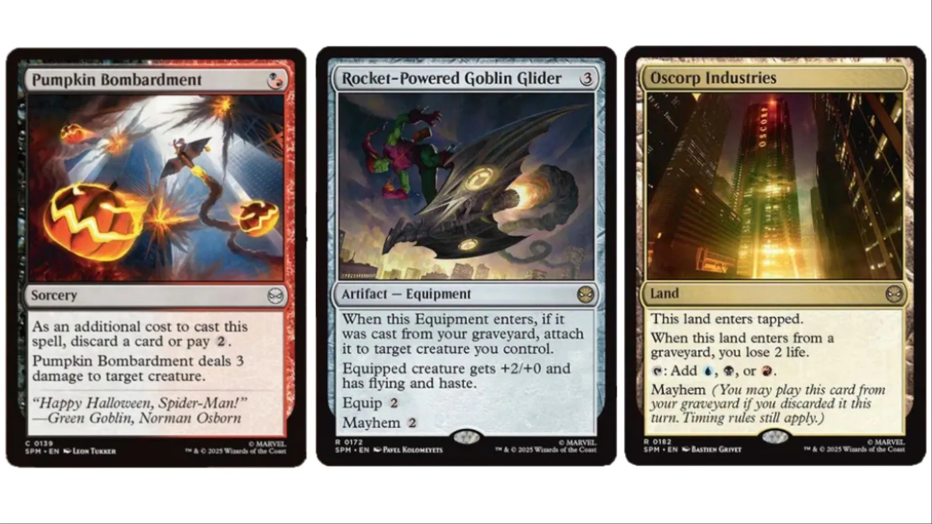 Ba thẻ bài Green Goblin mới: Pumpkin Bombardment, Rocket-Powered Goblin Glider và Oscorp Industries trong MTG Spider-Man