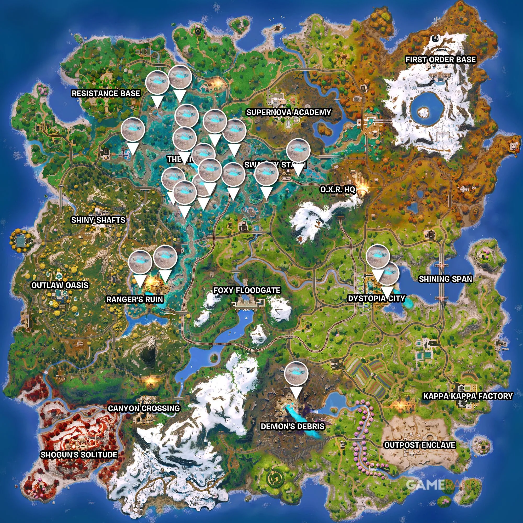 Bản đồ vị trí tất cả Slurp Geyser trong Fortnite Chapter 6 Season 4 để hồi khiên