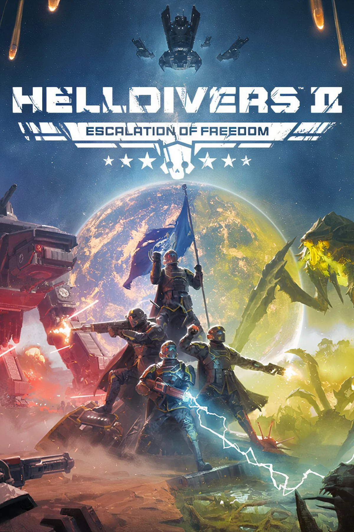 Bìa nghệ thuật game Helldivers 2 với các Helldiver đang chiến đấu