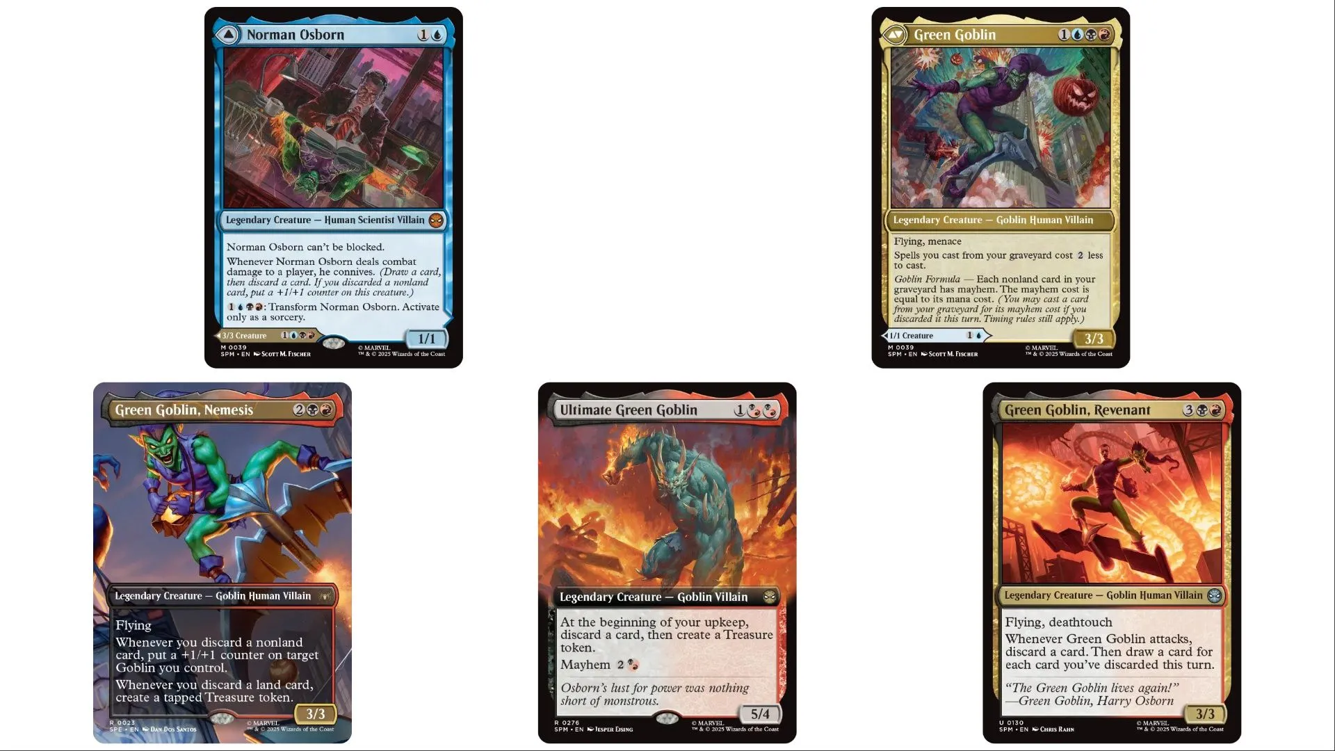 Các phiên bản khác nhau của Green Goblin như Norman Osborn và Harry Osborn trong bộ bài Magic The Gathering Spider-Man