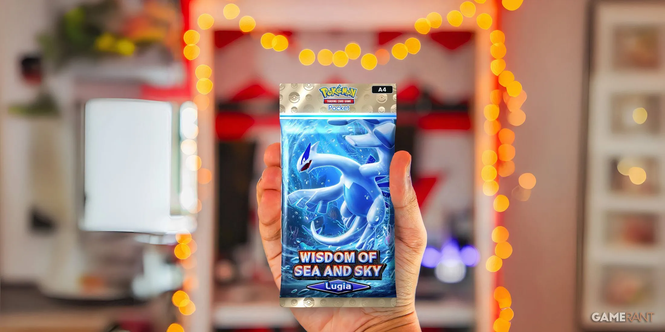 Game thủ đang cầm gói thẻ bài Pokemon TCG Pocket mới, minh họa tính năng gói 6 thẻ