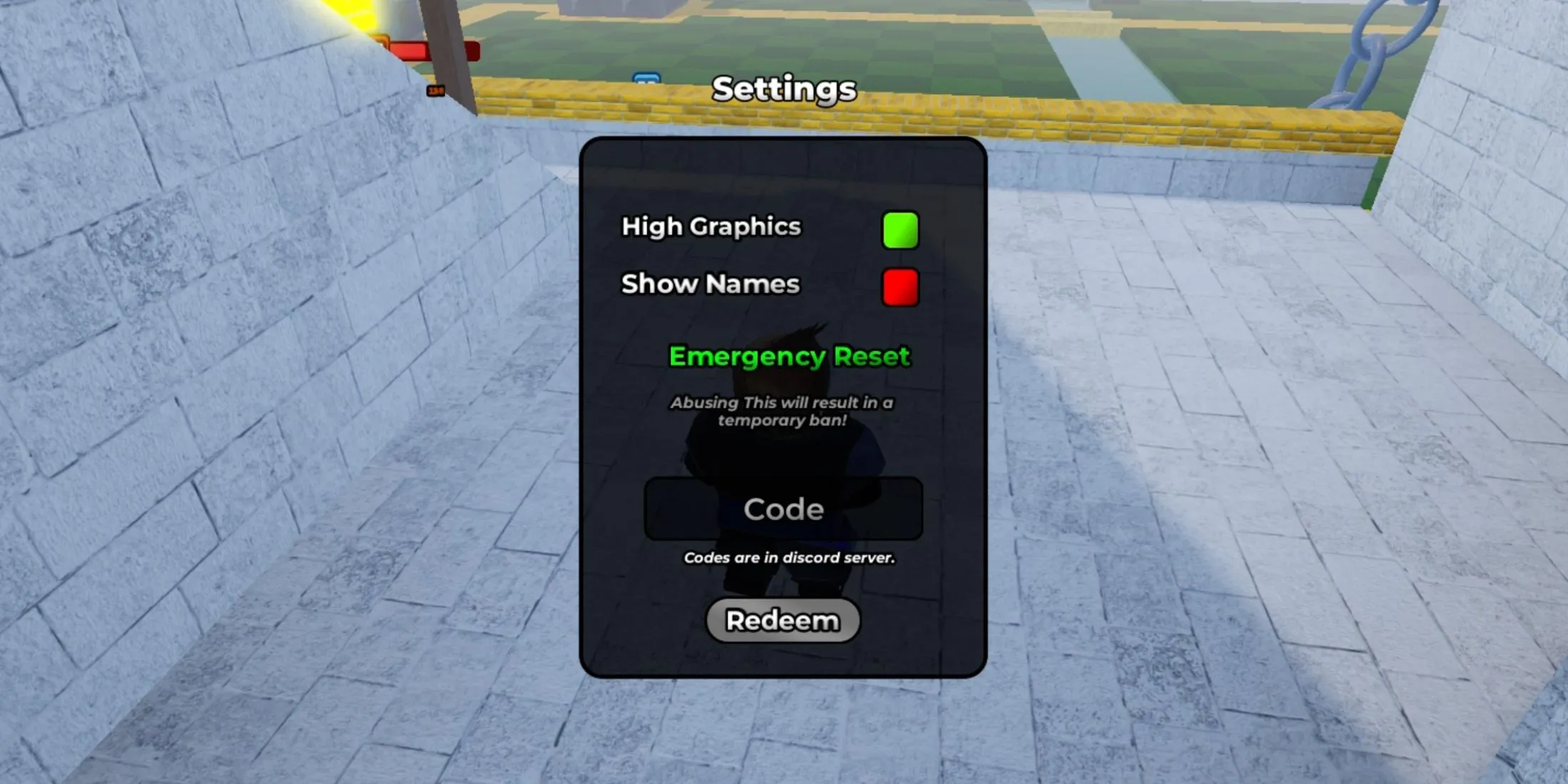 Giao diện cài đặt và ô nhập code trong game Arena Royale Roblox