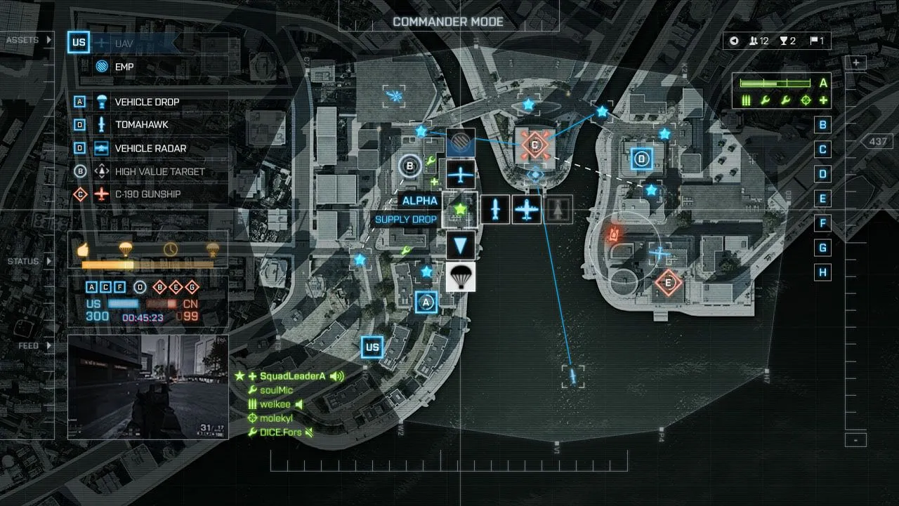 Giao diện điều khiển tài nguyên và đội hình của Commander trong Battlefield 4