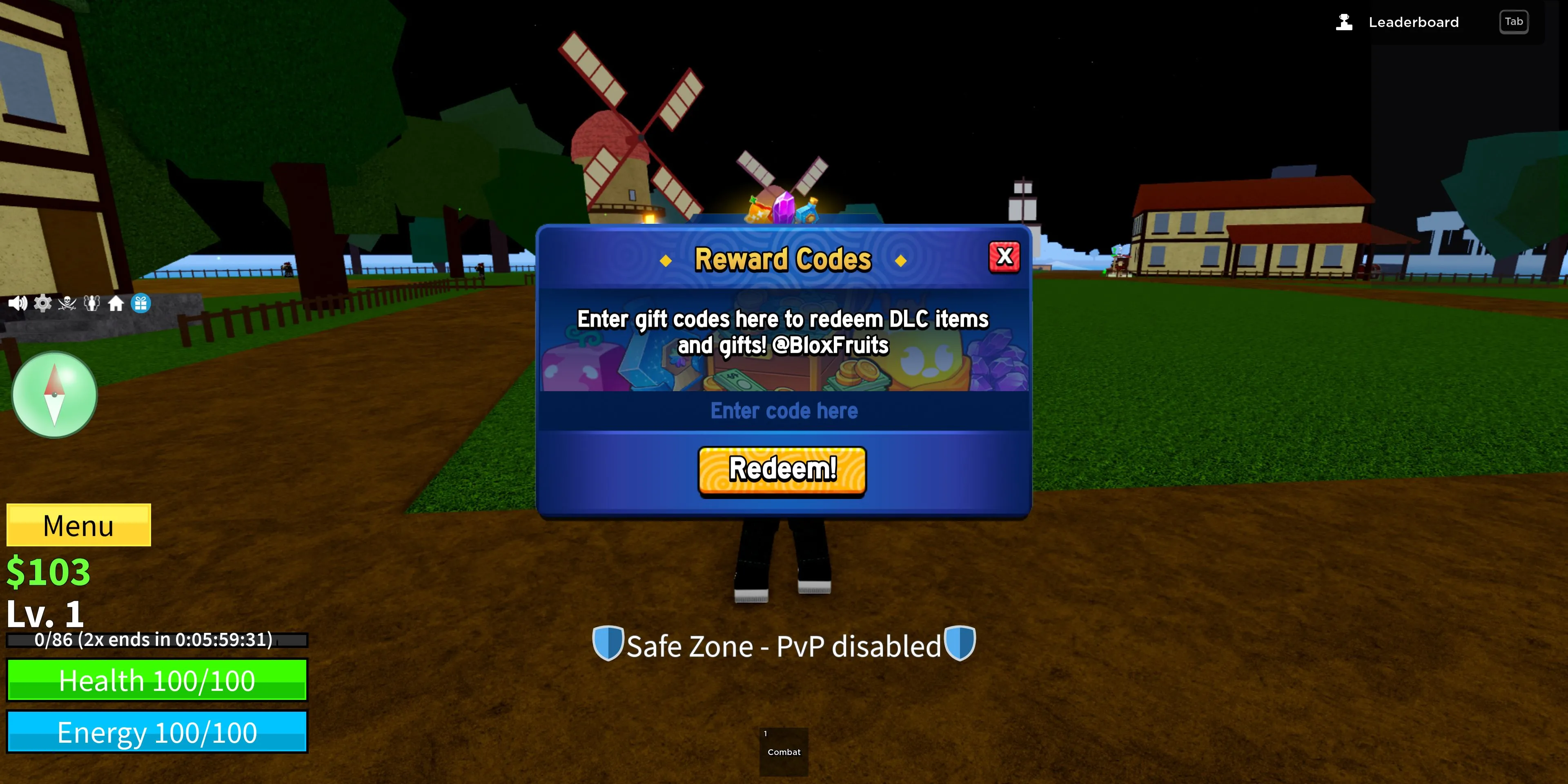 Giao diện nhập code Blox Fruits trong game Roblox với các bước đơn giản.