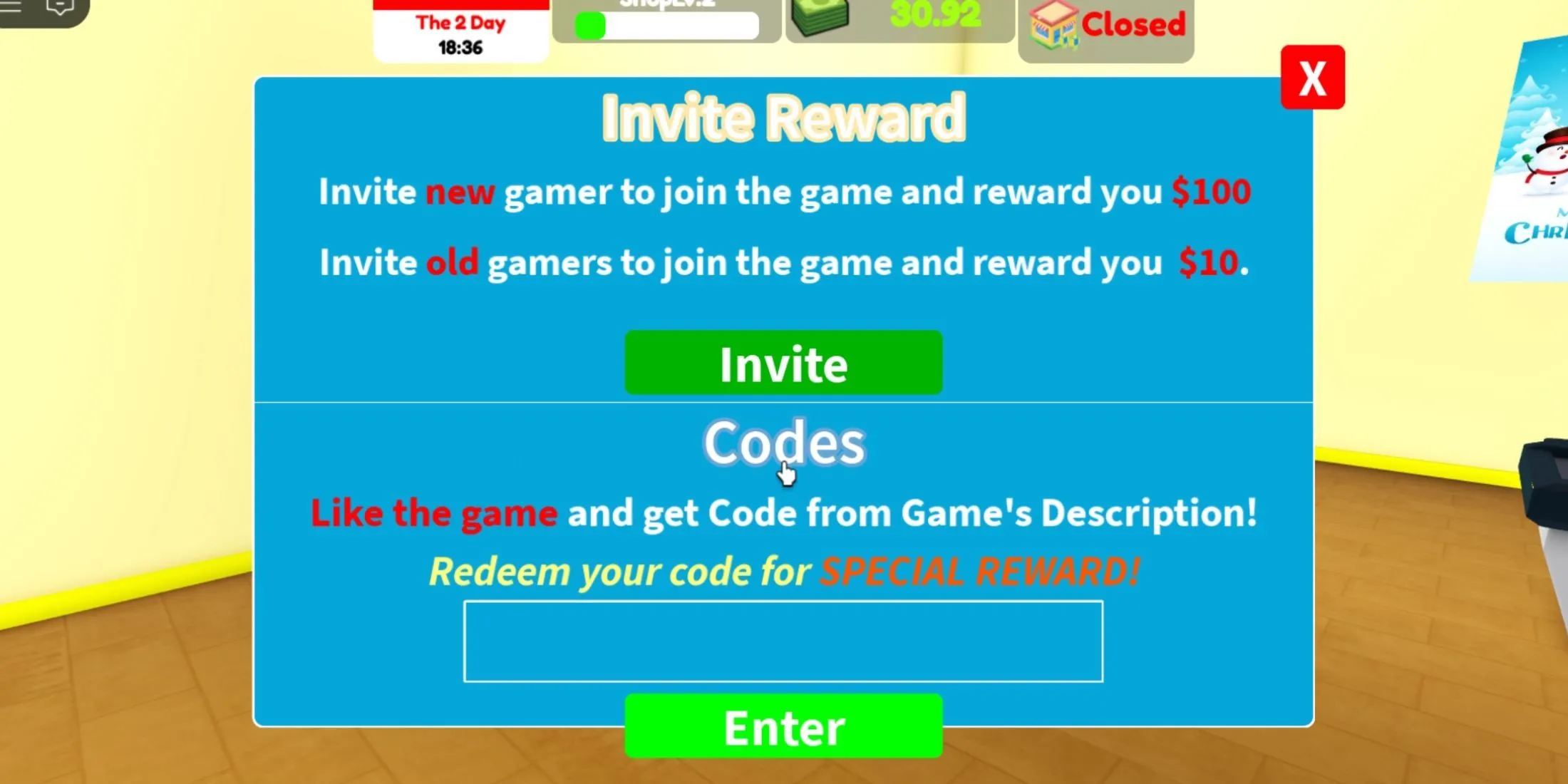 Giao diện nhập mã code trong Supermarket Simulator trên Roblox