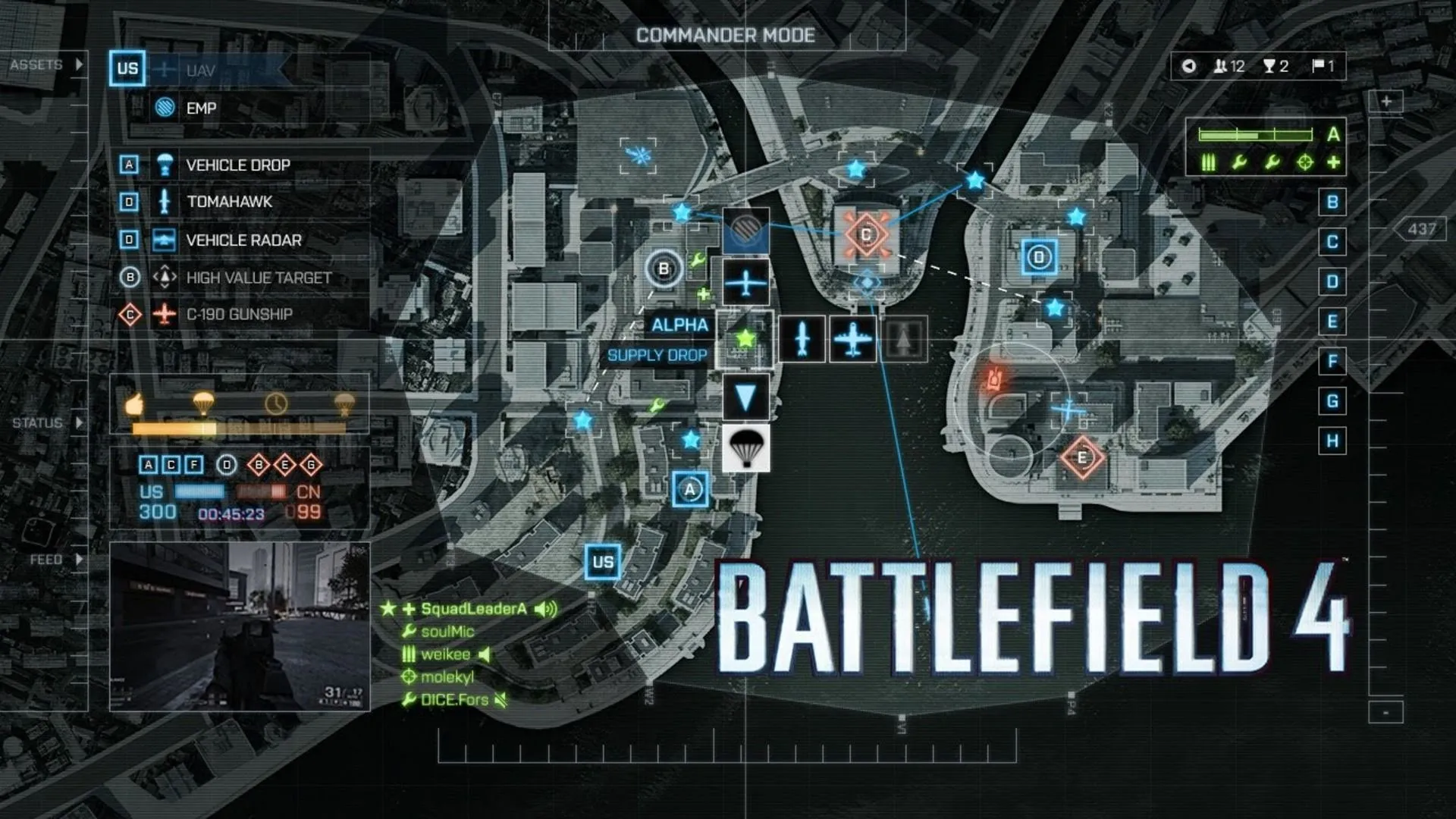 Góc nhìn tổng quan bản đồ khi chơi Commander Mode trong Battlefield 4