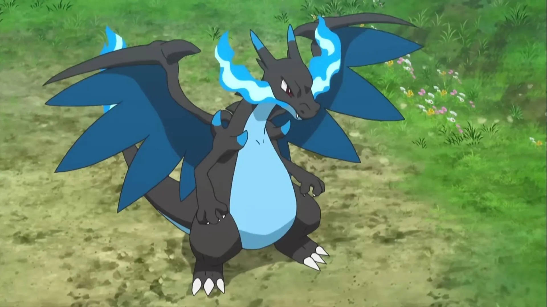 Mega Charizard X trong tư thế chiến đấu mạnh mẽ, sẵn sàng bùng cháy trong Pokemon Unite