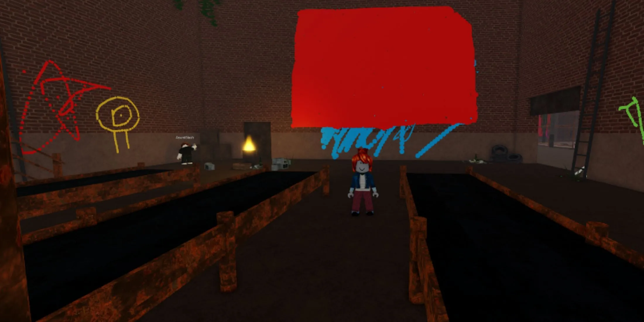 Nhân vật game Roblox đang vui vẻ sử dụng công cụ Spray Paint để trang trí