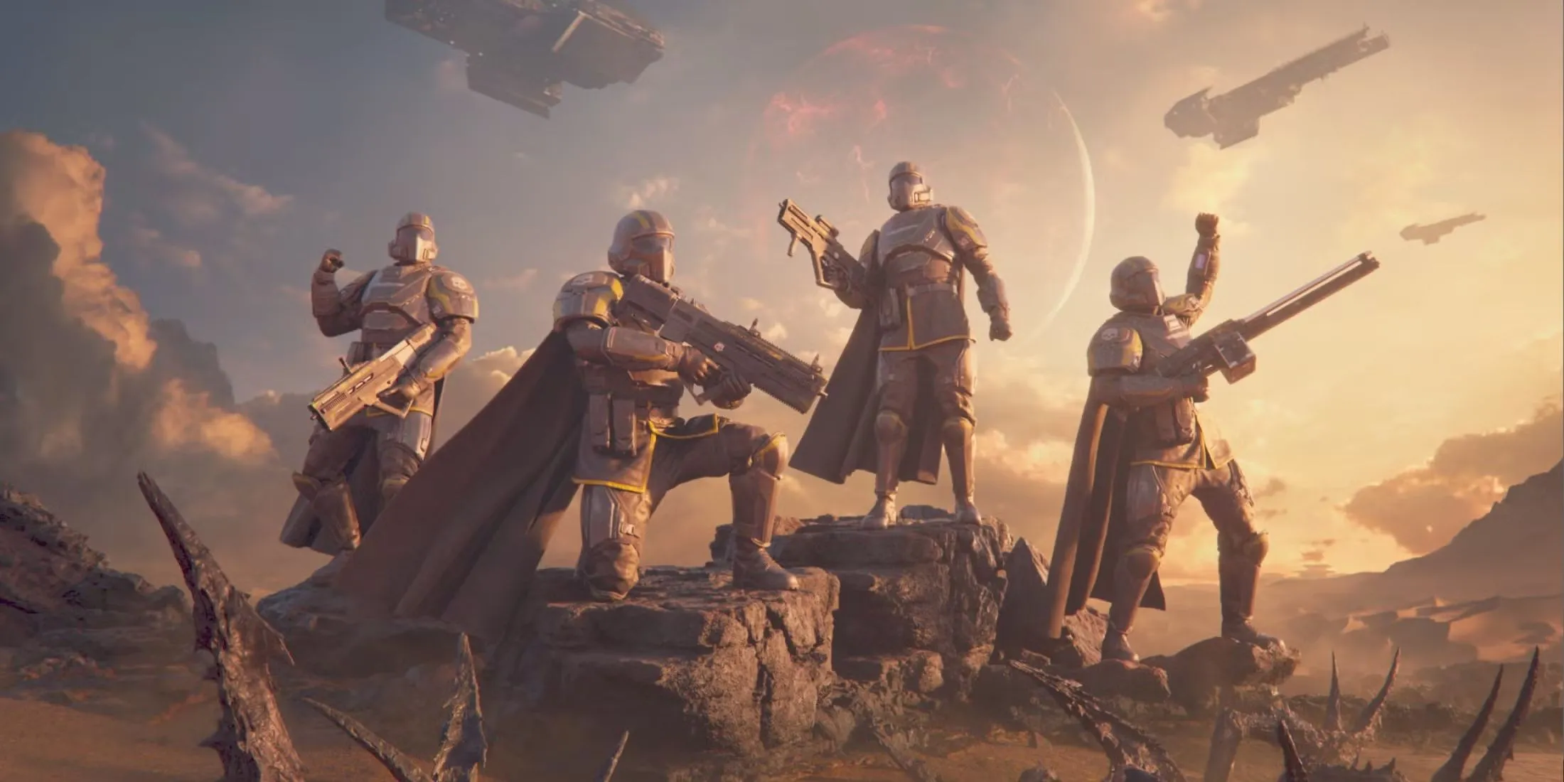 Nhóm Helldivers tạo dáng ăn mừng chiến thắng sau nhiệm vụ, thể hiện tinh thần đoàn kết trong game.