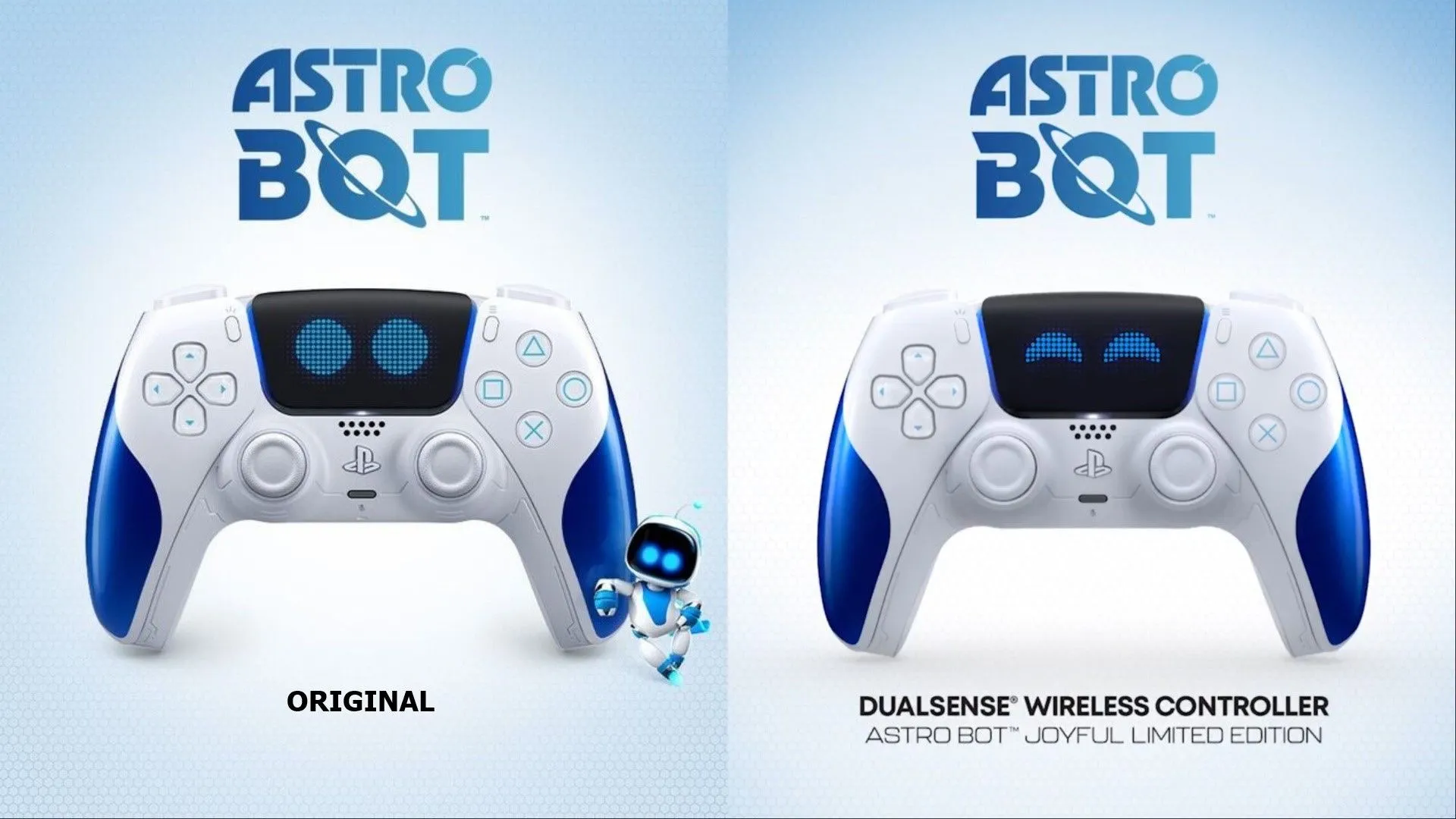 So sánh hai phiên bản tay cầm DualSense Astro Bot, một với biểu cảm trung tính và phiên bản Joyful mới với nụ cười rạng rỡ