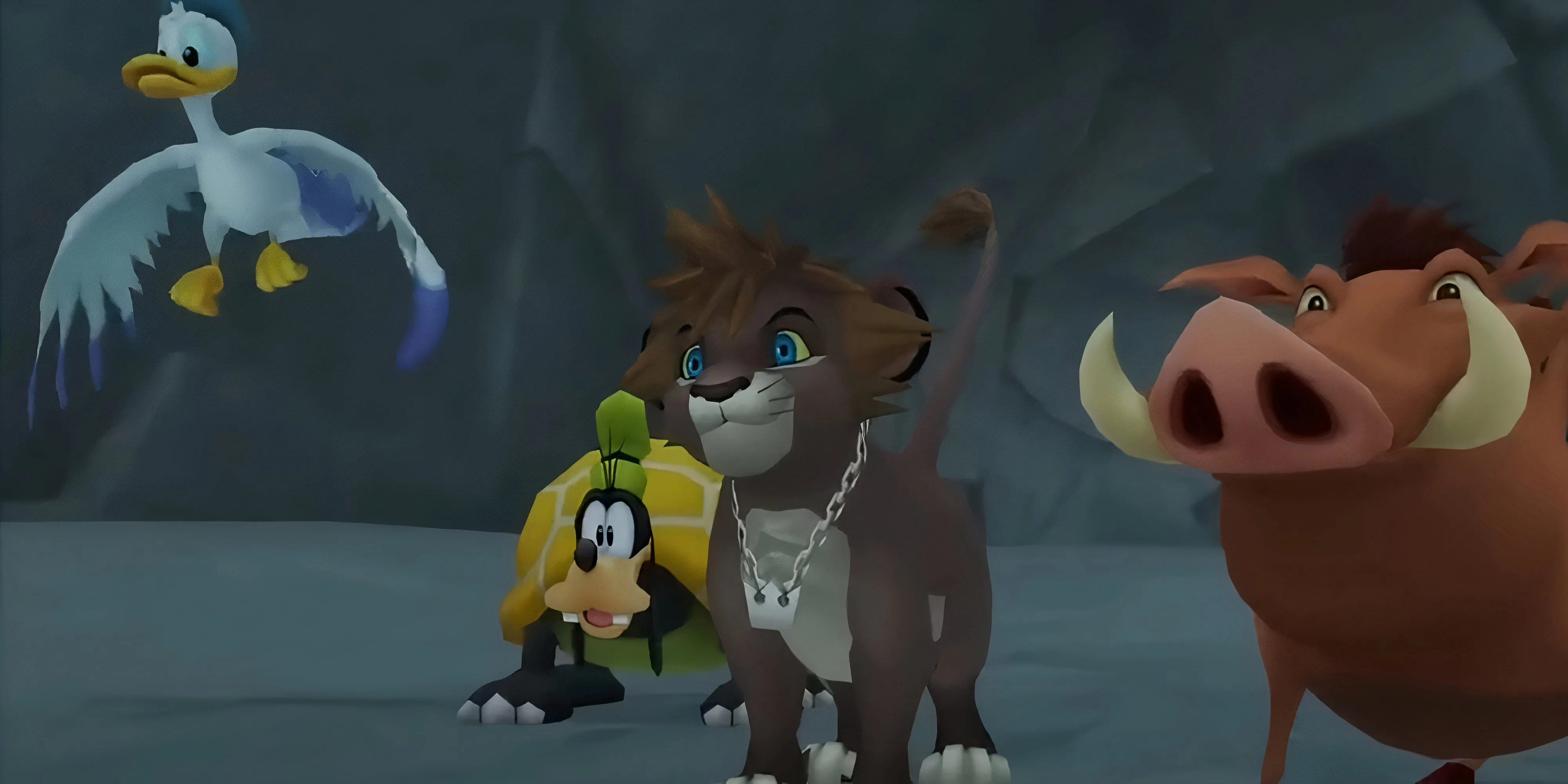 Sora, Donald, Goofy và Pumbaa phiêu lưu trong Kingdom Hearts 2, đại diện cho sự kết hợp độc đáo giữa Disney và Square Enix