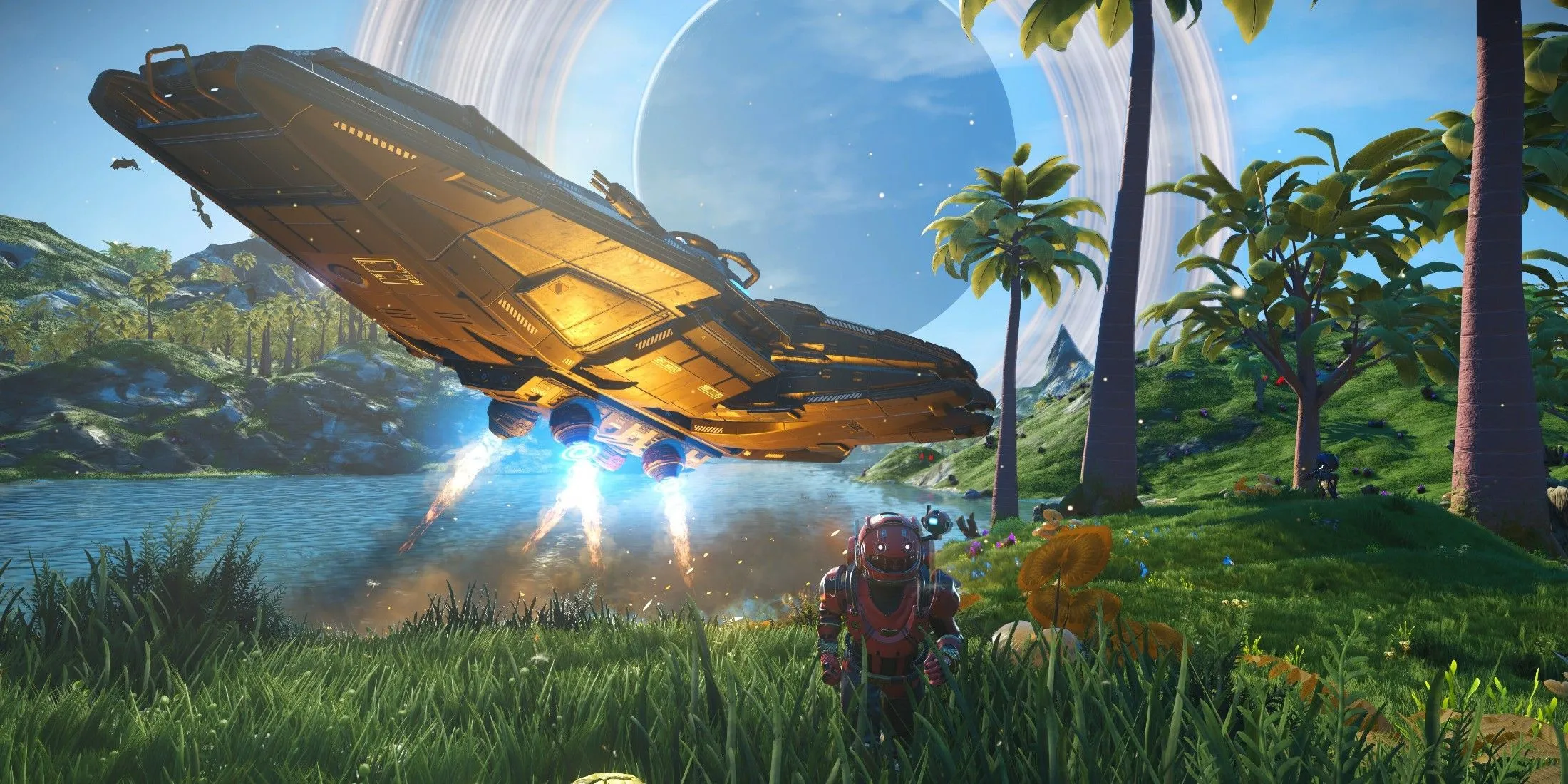 Tàu vũ trụ của người chơi No Man's Sky bay lượn trên một hành tinh xanh tươi, minh họa cho trải nghiệm game được cải thiện