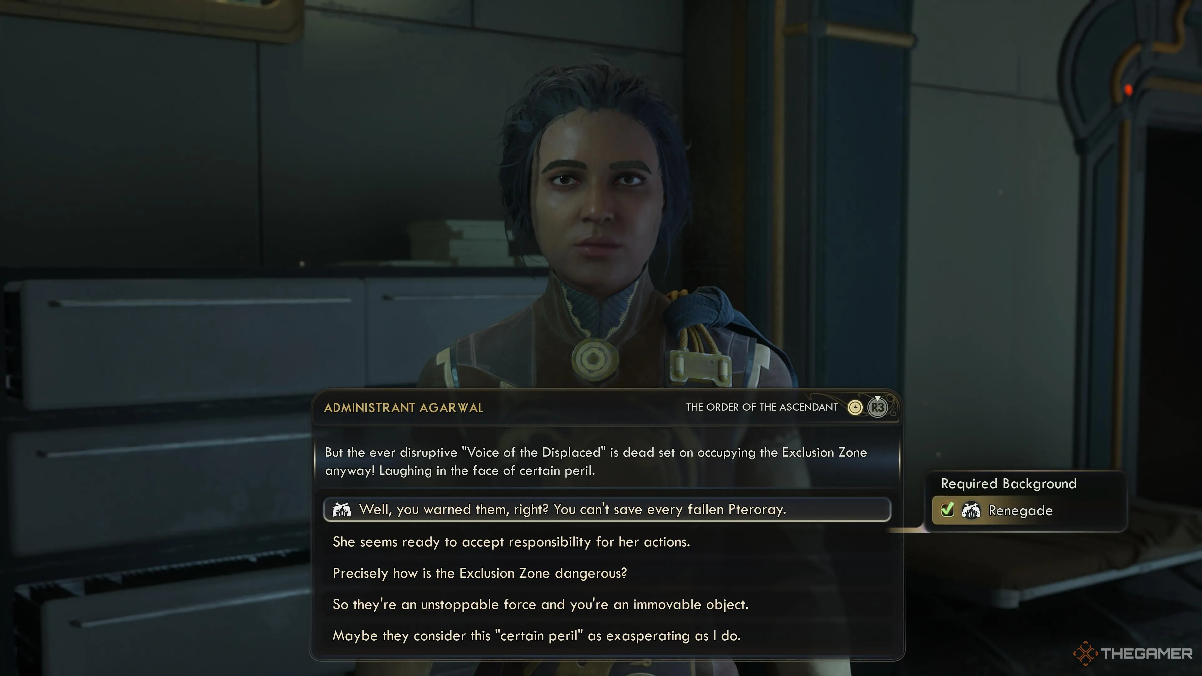 Administrant Agarwal trao đổi với người chơi tại Matriarch's Mercy, Dorado, trong The Outer Worlds 2