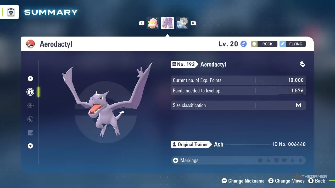 Aerodactyl trong menu Pokemon Legends Z-A, tư thế sẵn sàng lao vào trận đánh