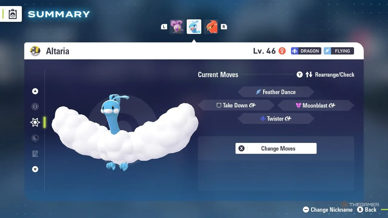 Altaria trong menu Pokemon Legends Z-A, hình ảnh thể hiện bộ lông mềm mại và cánh lớn