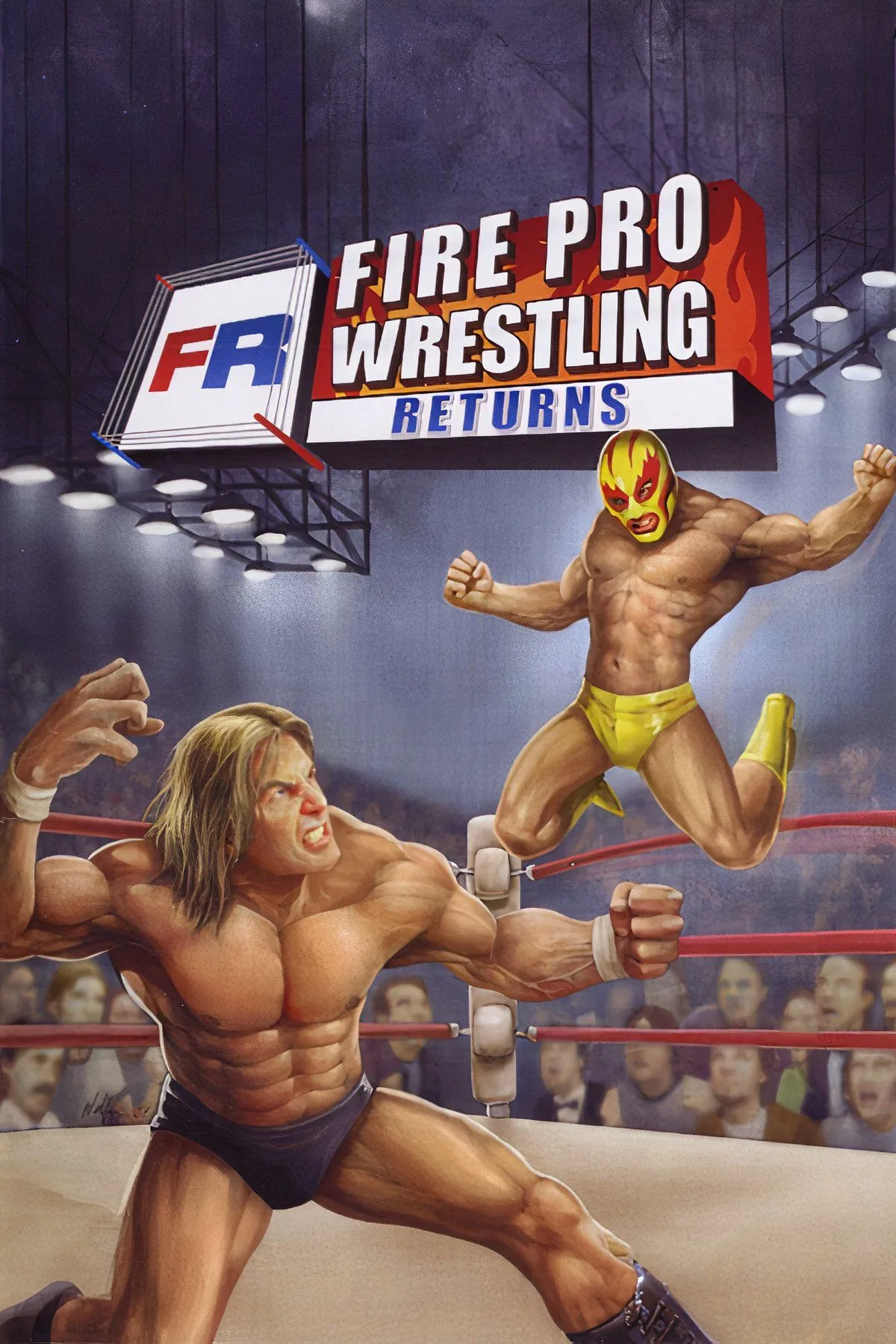 Ảnh cover Fire Pro Wrestling Returns với phong cách poster đô vật và các yếu tố wrestling đặc trưng