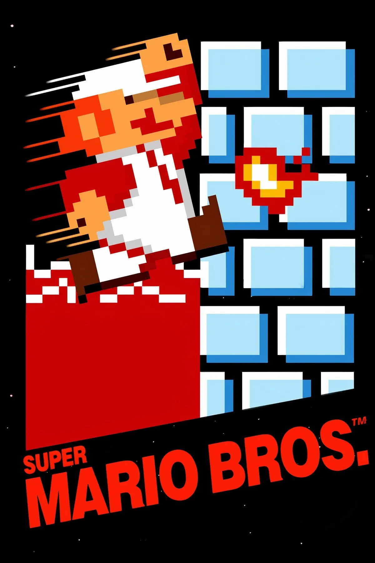 Ảnh cover Super Mario Bros. với màu sắc retro và hình ảnh nhân vật Mario nhảy lên nền nền vàng
