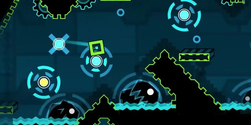 Ảnh minh họa nhân vật Cube nhảy trong Geometry Dash, biểu tượng gameplay nhịp điệu và chướng ngại vật