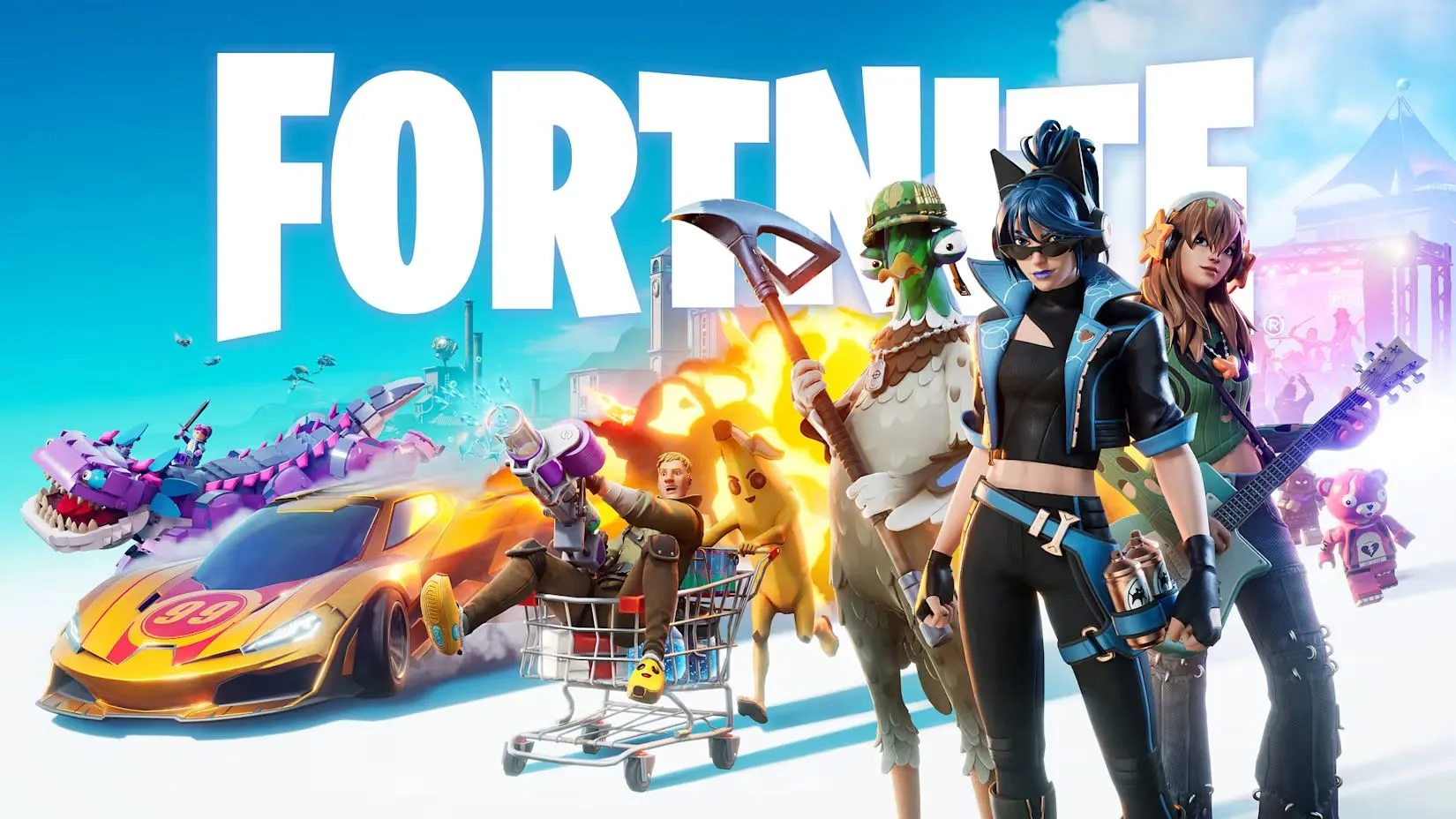 Ảnh press của Fortnite thể hiện các vật phẩm trong bundle Wednesday Addams với phong cách gothic nhẹ nhàng