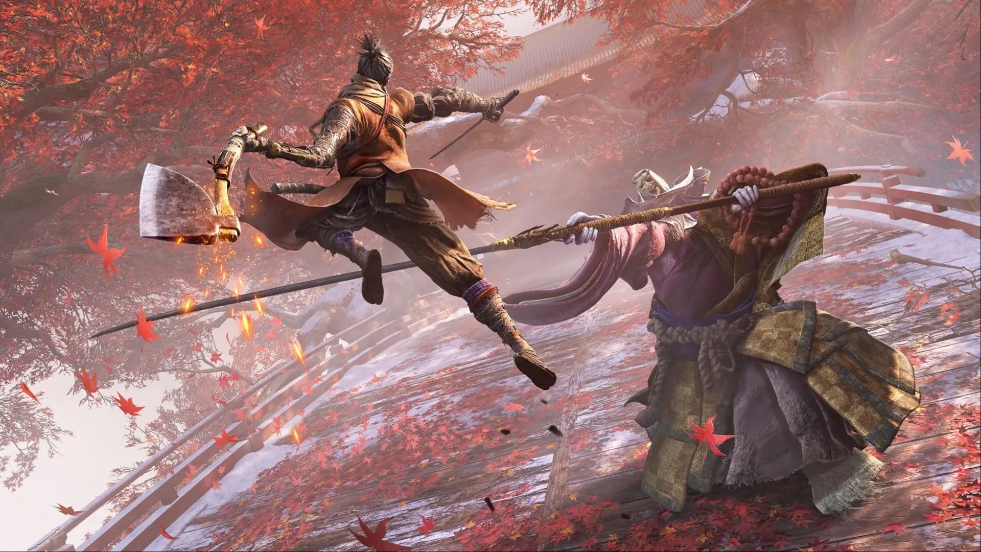 Artwork Sekiro tung đòn bằng rìu lên True Corrupted Monk, nhấn mạnh yếu tố parry và timing trong combat
