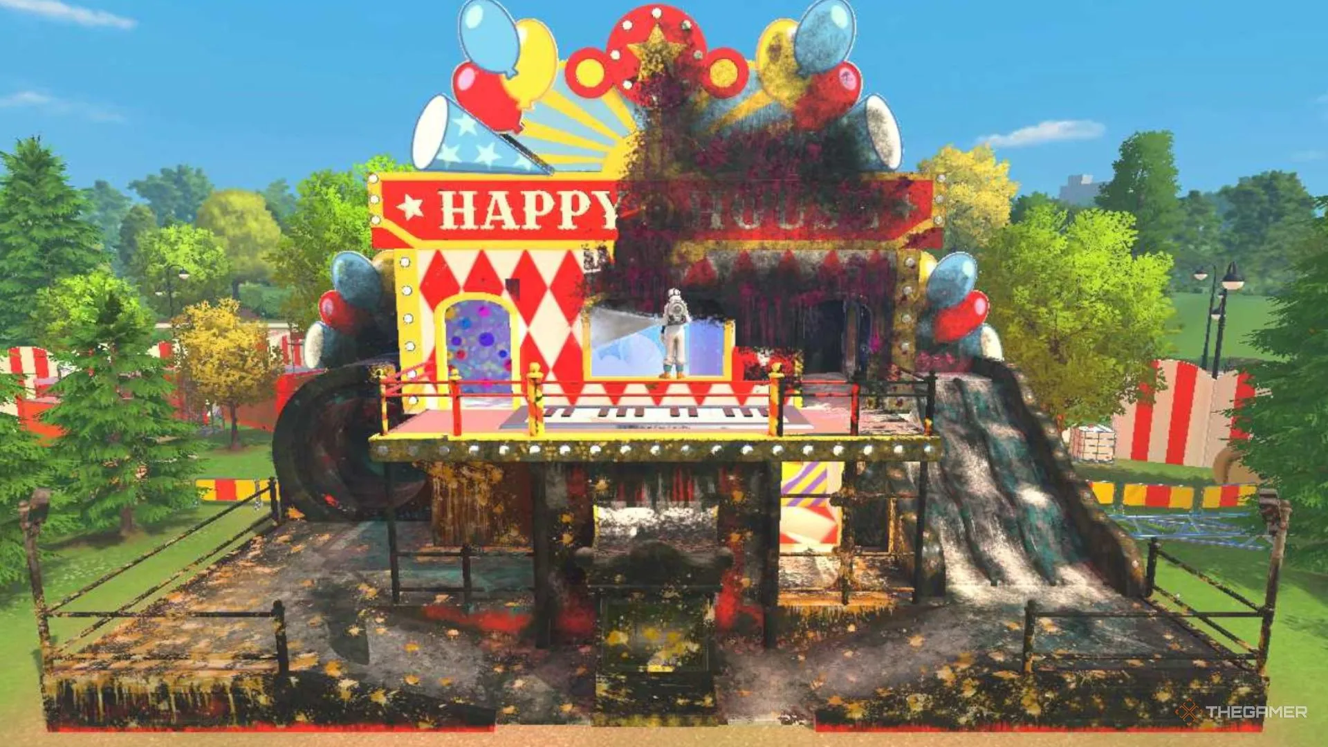 Ban công của Fun House với góc nhìn từ máy rửa áp lực, thể hiện nhiều chi tiết cần tỉ mỉ làm sạch trong PowerWash Simulator 2.