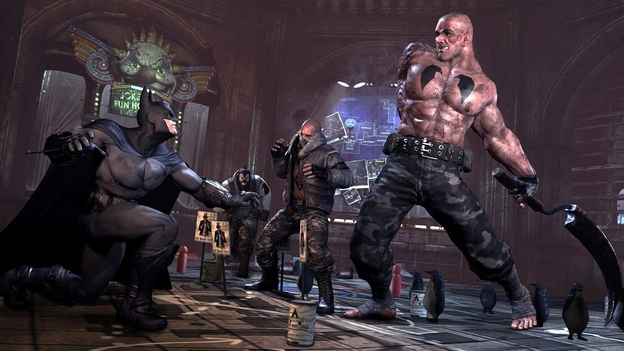 Batman trong Arkham City tấn công nhóm côn đồ, mô tả hệ thống combat thiên về timing và counter
