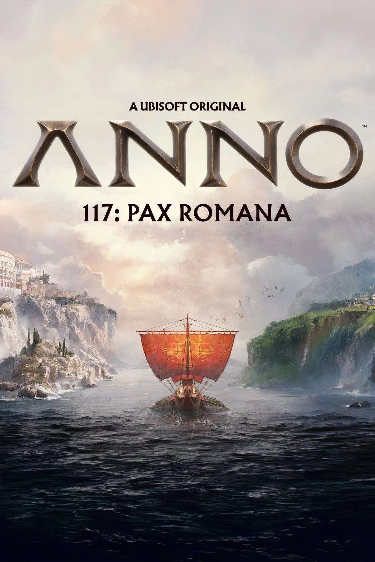 Bìa Anno 117: Pax Romana với cảnh thành La Mã và tàu thuyền